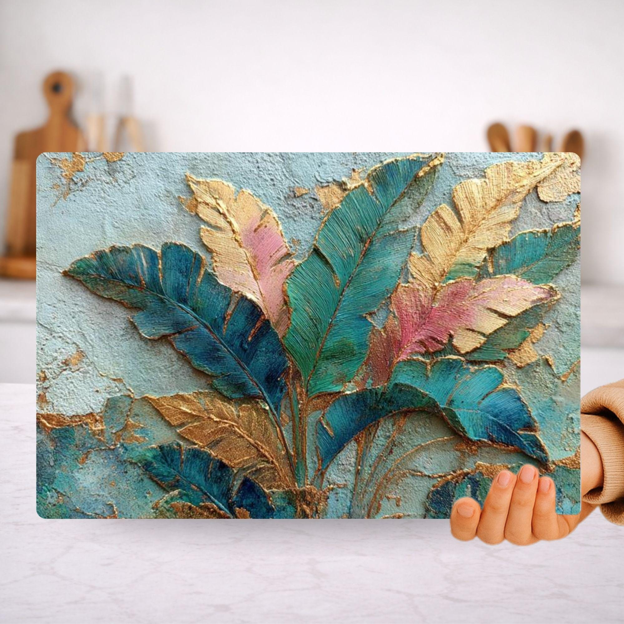 Tropical Leaves Glass Cutting Board, Gold Botanical Kitchen Decor, Tropical Kitchen Prep Board