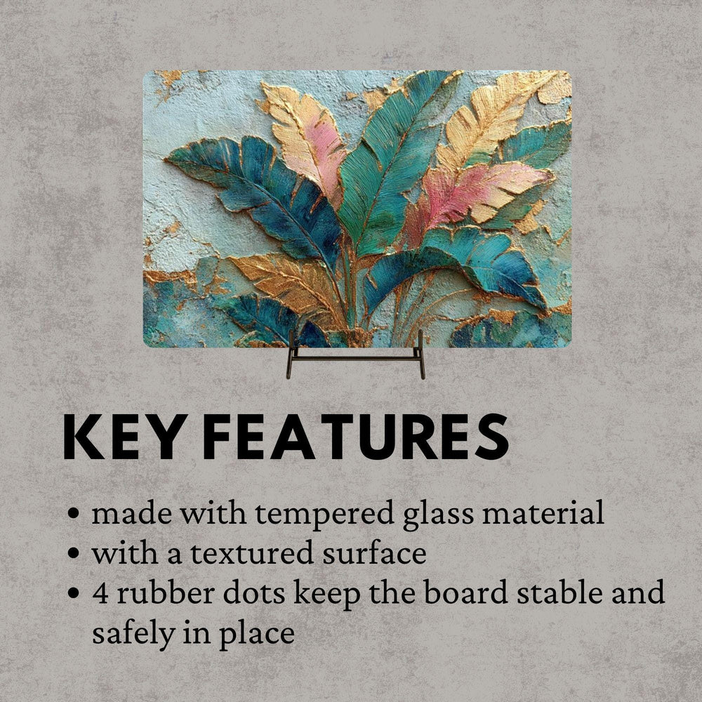 Tropical Leaves Glass Cutting Board, Gold Botanical Kitchen Decor, Tropical Kitchen Prep Board