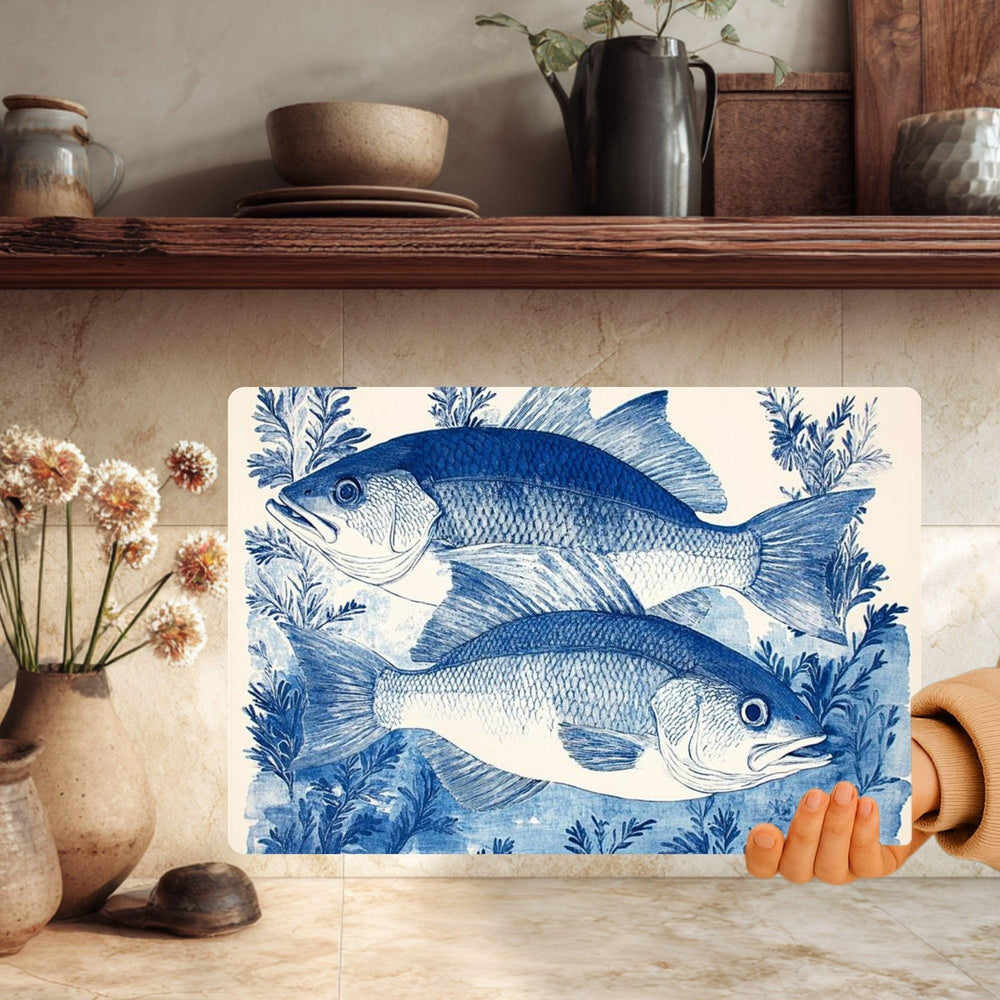 Blue Fish Glass Cutting Board, Coastal Fish Kitchen Decor, Nautical Seafood Prep Board
