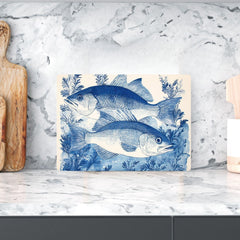 Blue Fish Glass Cutting Board, Coastal Fish Kitchen Decor, Nautical Seafood Prep Board