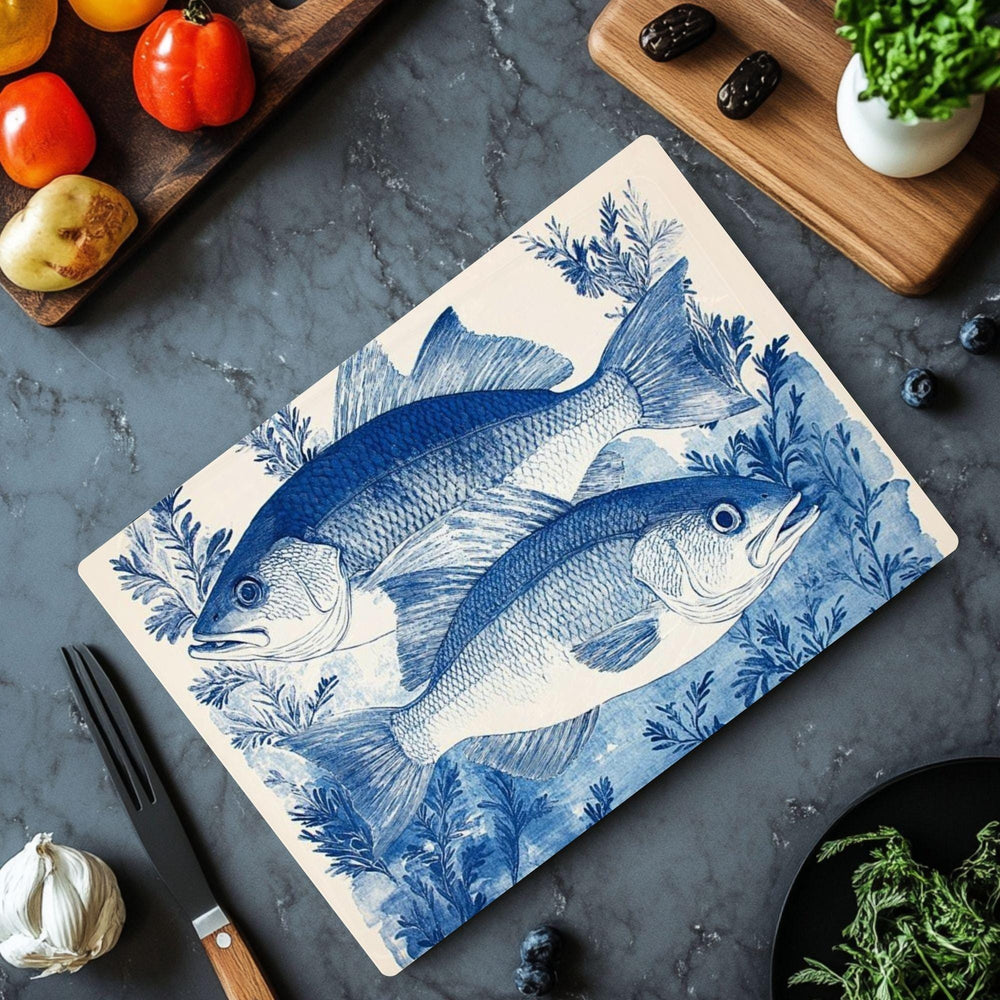 Blue Fish Glass Cutting Board, Coastal Fish Kitchen Decor, Nautical Seafood Prep Board