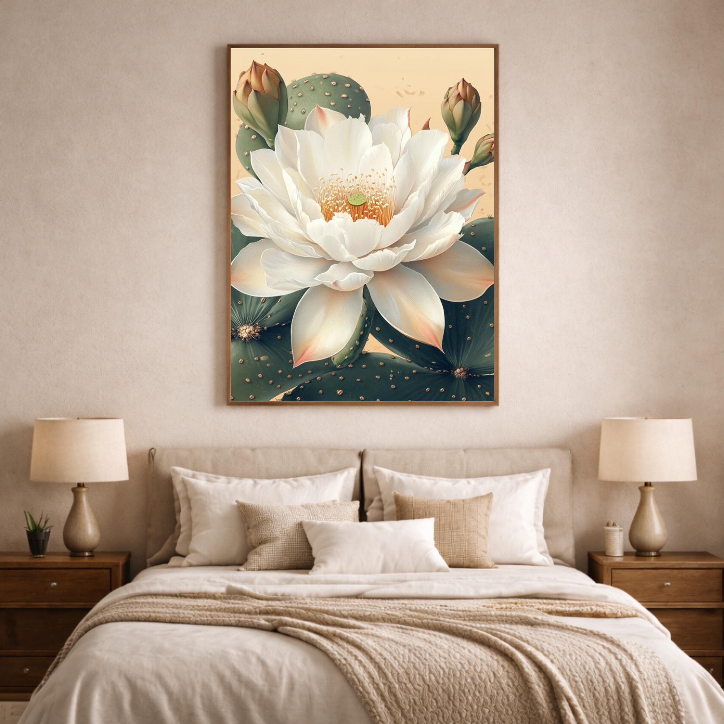 Neutral Lotus Floral Wall Art Print, Large Framed Lotus Flower Canvas Wall Decor Gift, Living Room Wall Art, Modern Organic Home Decor