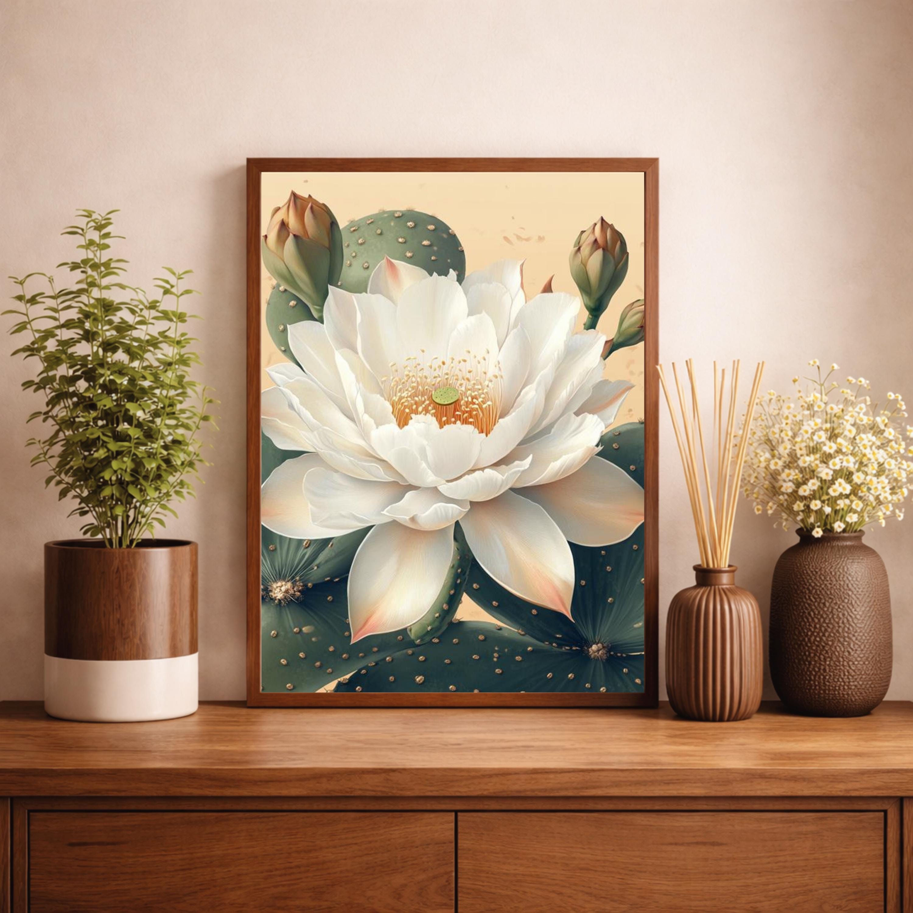 Neutral Lotus Floral Wall Art Print, Large Framed Lotus Flower Canvas Wall Decor Gift, Living Room Wall Art, Modern Organic Home Decor