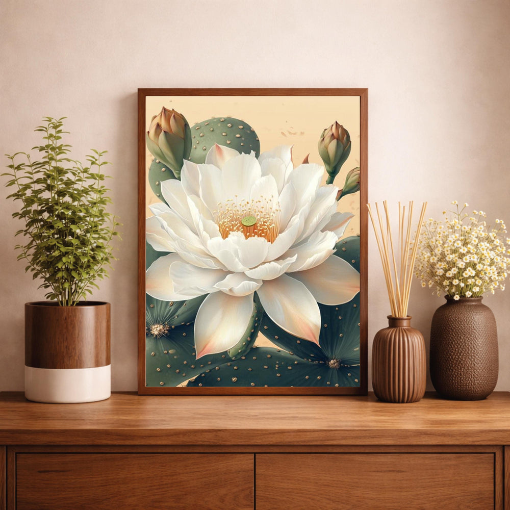 Neutral Lotus Floral Wall Art Print, Large Framed Lotus Flower Canvas Wall Decor Gift, Living Room Wall Art, Modern Organic Home Decor