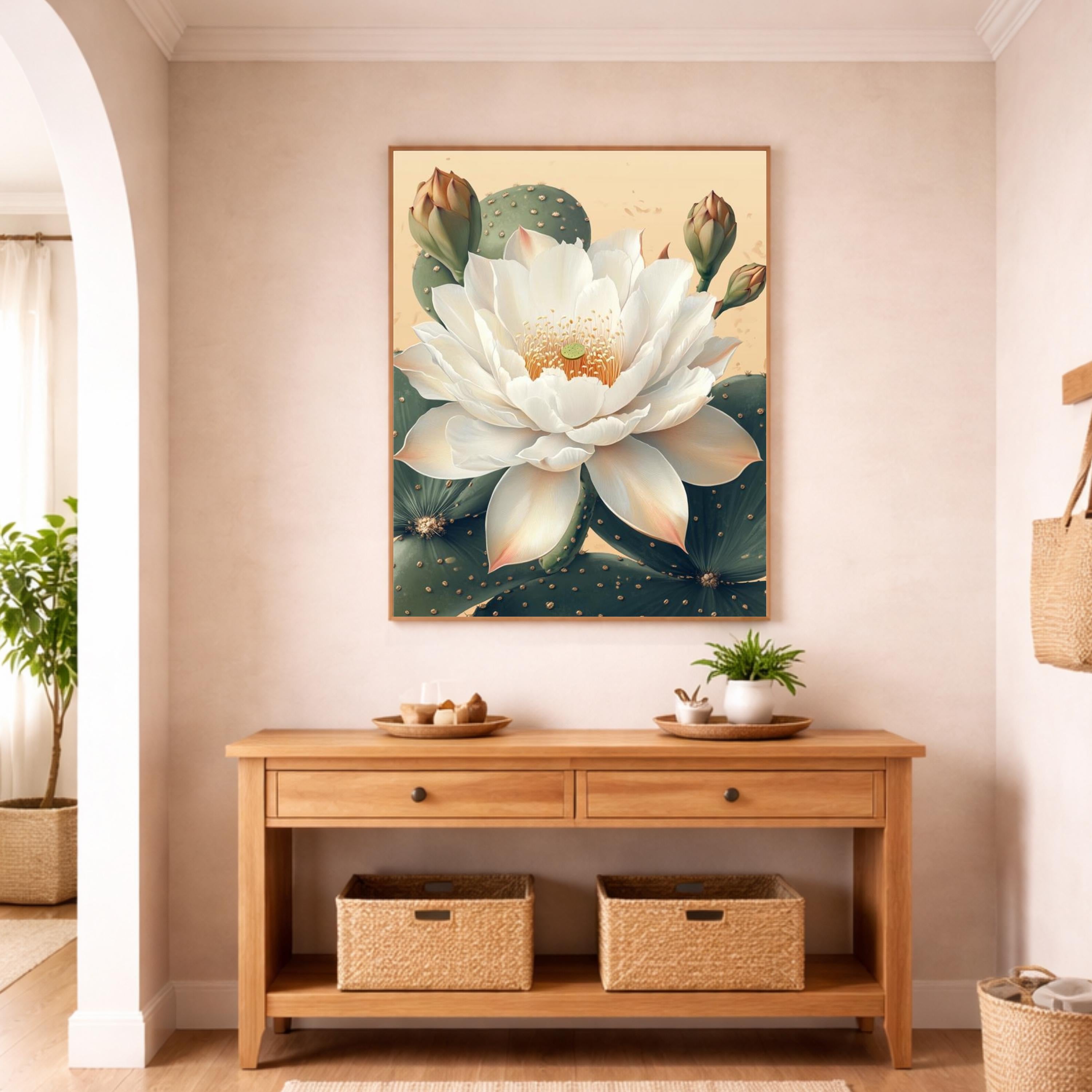 Neutral Lotus Floral Wall Art Print, Large Framed Lotus Flower Canvas Wall Decor Gift, Living Room Wall Art, Modern Organic Home Decor