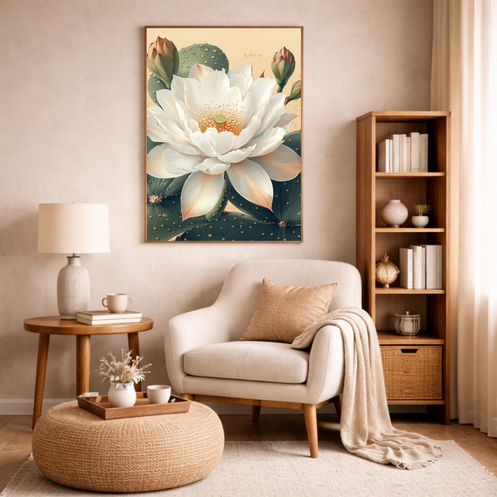 Neutral Lotus Floral Wall Art Print, Large Framed Lotus Flower Canvas Wall Decor Gift, Living Room Wall Art, Modern Organic Home Decor