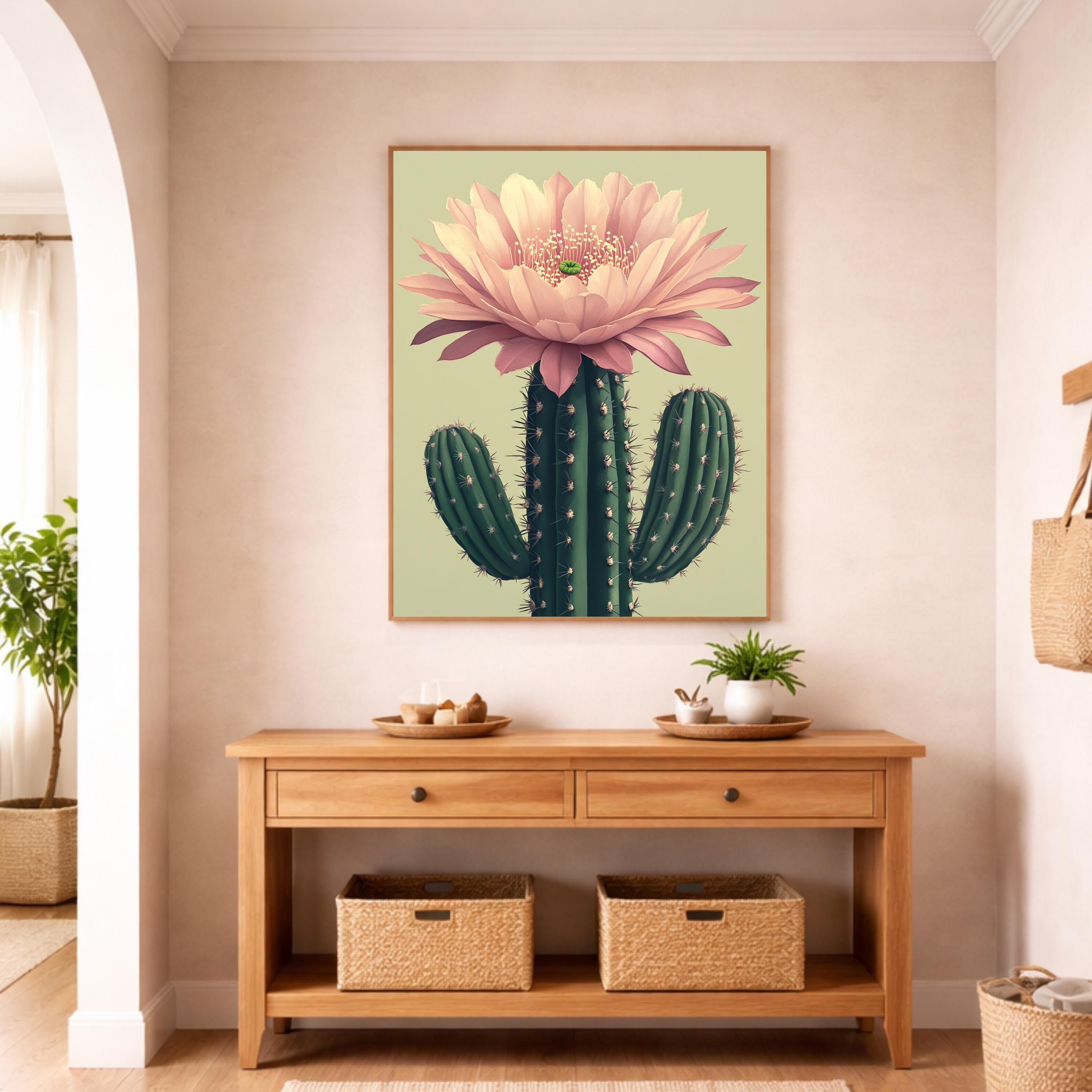 Boho Cactus Wall Art Print, Large Framed Floral Cactus Wall Decor Gift, Desert Botanical Canvas Decor, Modern Neutral Home Decor