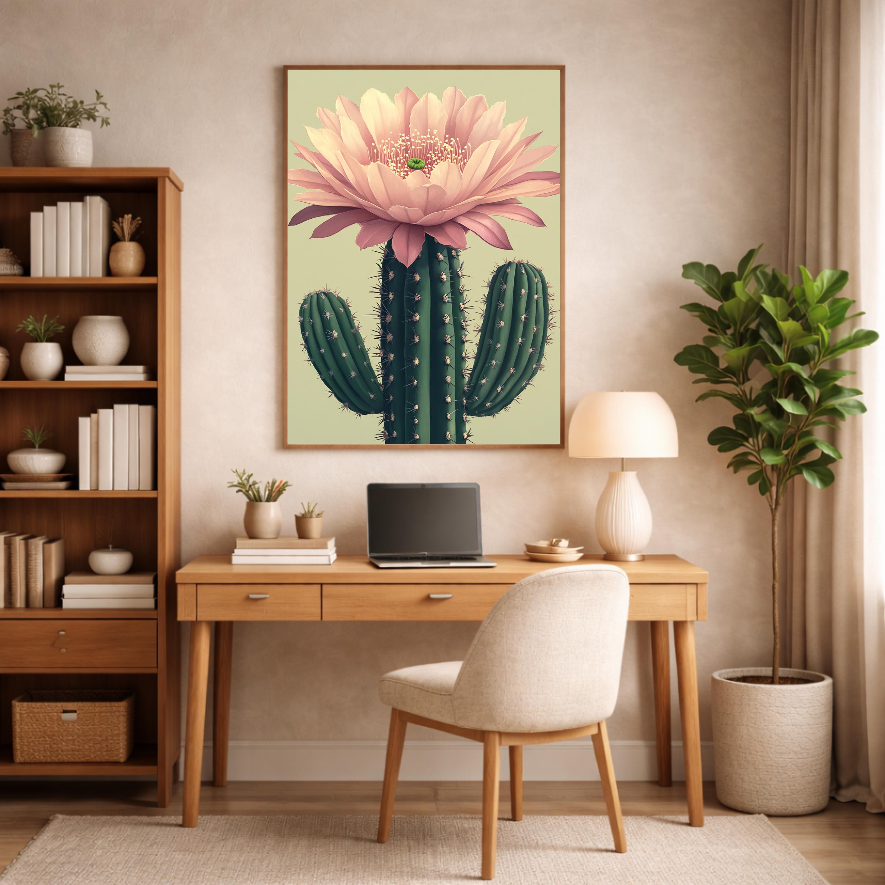 Boho Cactus Wall Art Print, Large Framed Floral Cactus Wall Decor Gift, Desert Botanical Canvas Decor, Modern Neutral Home Decor