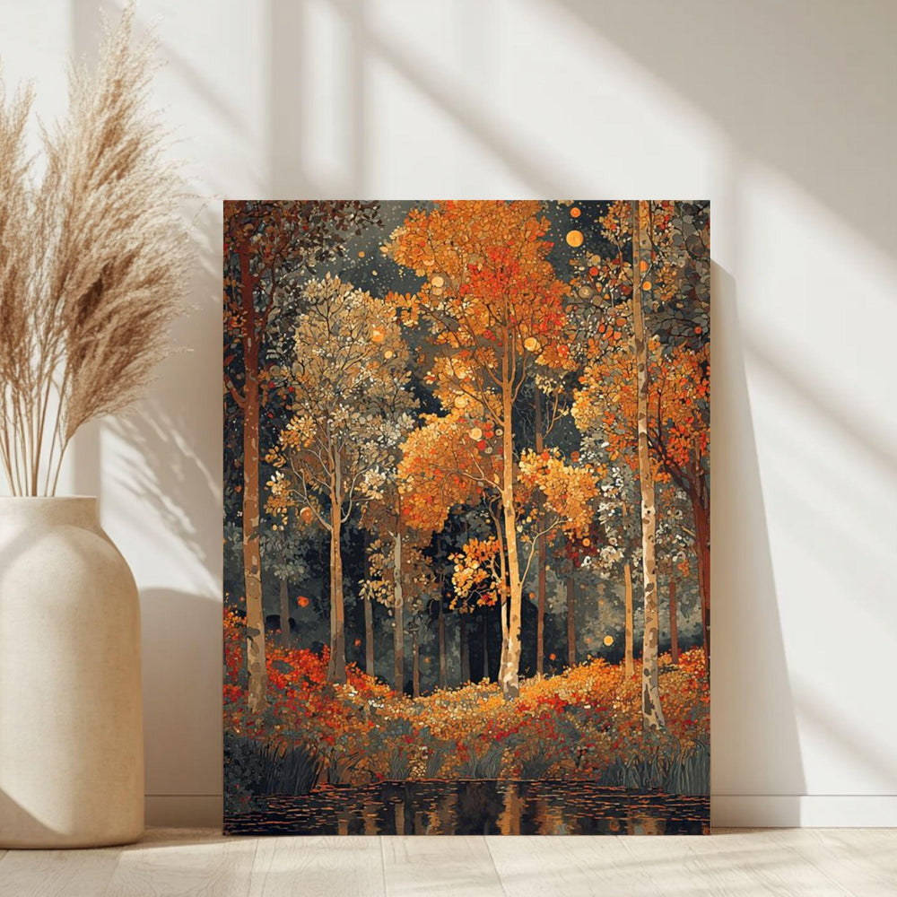 Golden Forest Wall Art Print, Autumn Trees Canvas, Rustic Nature Decor, Woodland Landscape Art, Warm Fall Home Decor Gift
