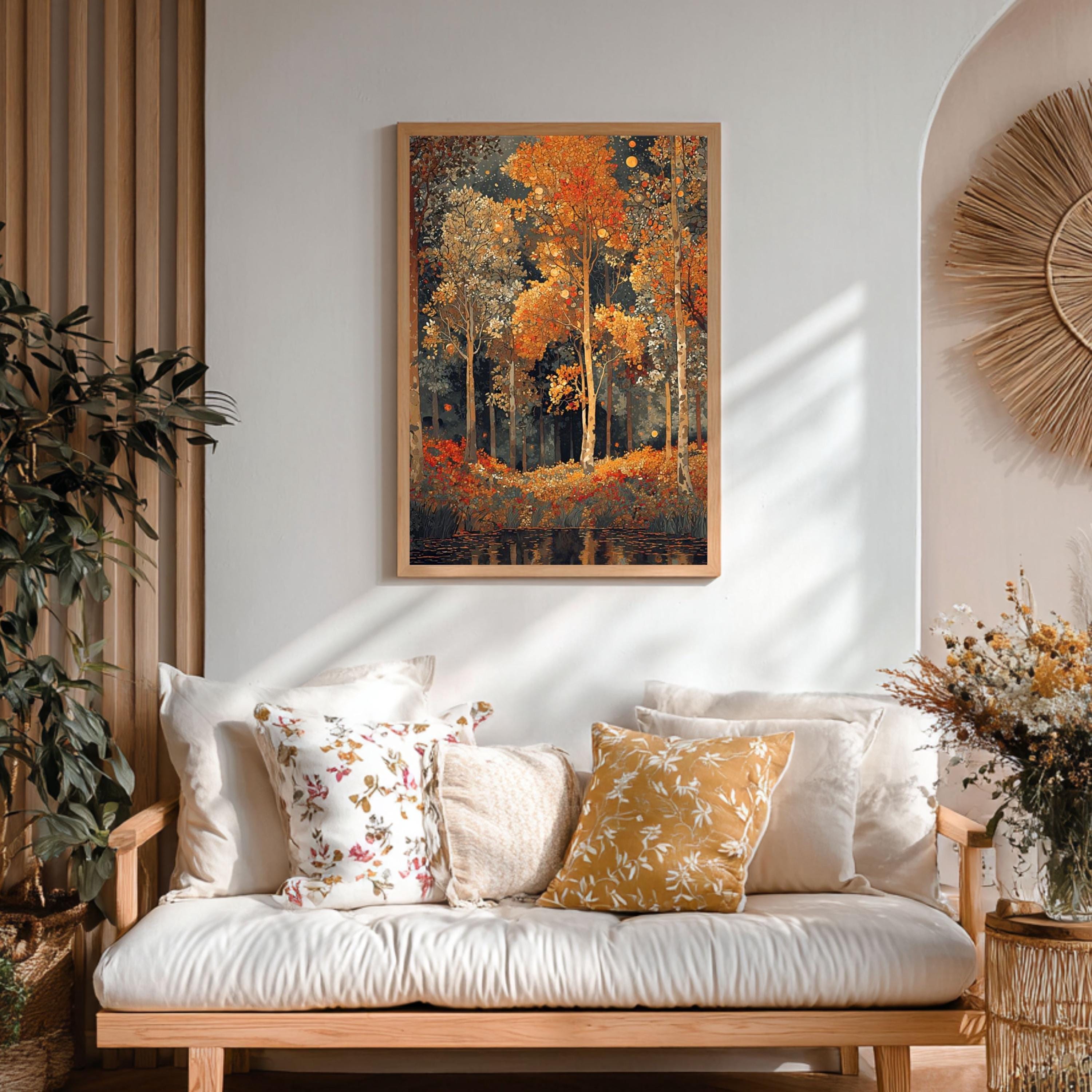 Golden Forest Wall Art Print, Autumn Trees Canvas, Rustic Nature Decor, Woodland Landscape Art, Warm Fall Home Decor Gift