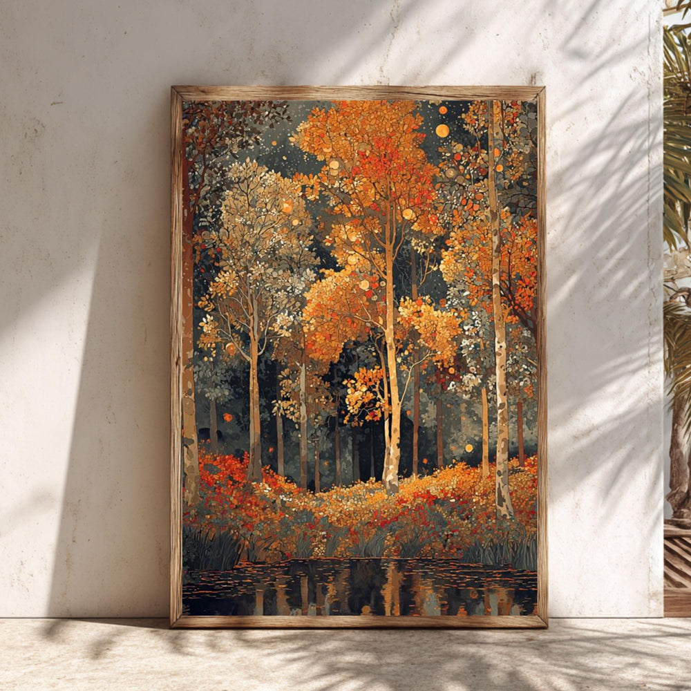 Golden Forest Wall Art Print, Autumn Trees Canvas, Rustic Nature Decor, Woodland Landscape Art, Warm Fall Home Decor Gift