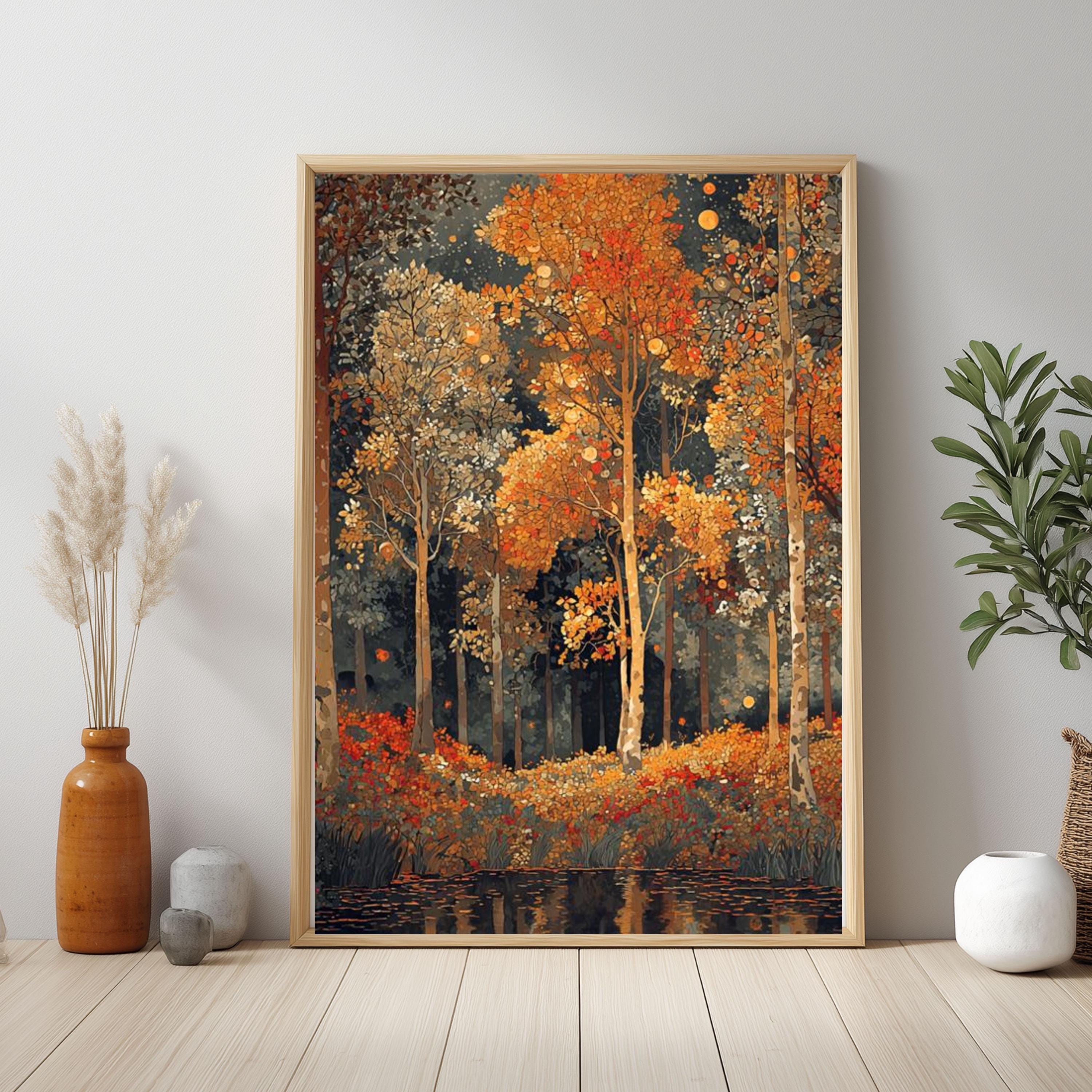 Golden Forest Wall Art Print, Autumn Trees Canvas, Rustic Nature Decor, Woodland Landscape Art, Warm Fall Home Decor Gift