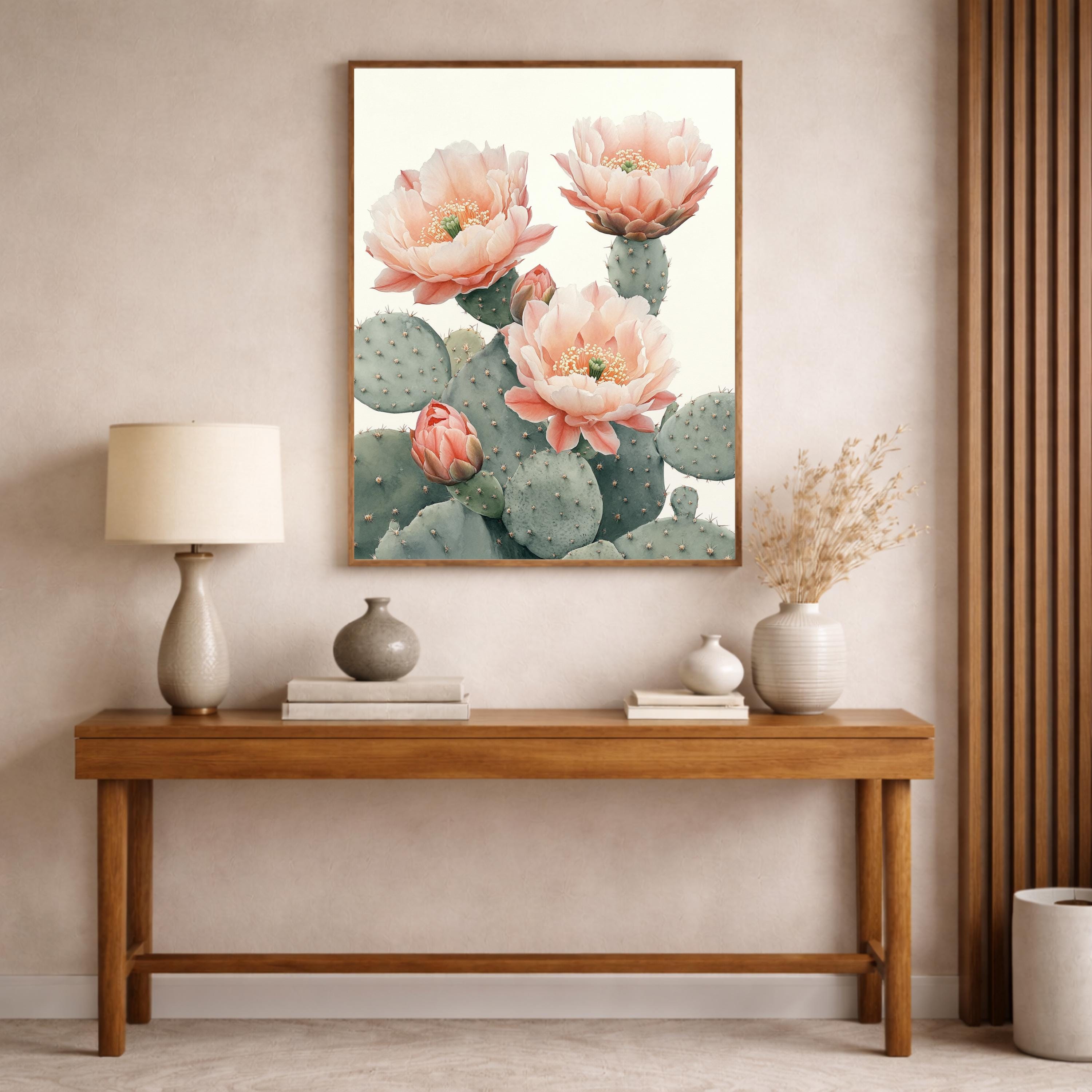 Desert Bloom Cactus Wall Art Print, Soft Neutral Botanical Canvas Decor, Large Framed Canvas Wall Decor Gift, Modern Feminine Home Art Print