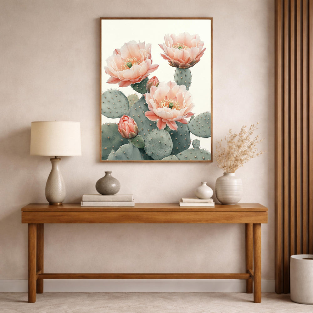 Desert Bloom Cactus Wall Art Print, Soft Neutral Botanical Canvas Decor, Large Framed Canvas Wall Decor Gift, Modern Feminine Home Art Print