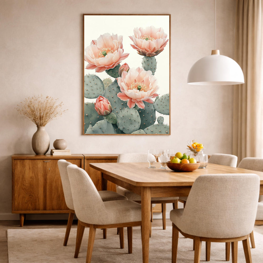 Desert Bloom Cactus Wall Art Print, Soft Neutral Botanical Canvas Decor, Large Framed Canvas Wall Decor Gift, Modern Feminine Home Art Print