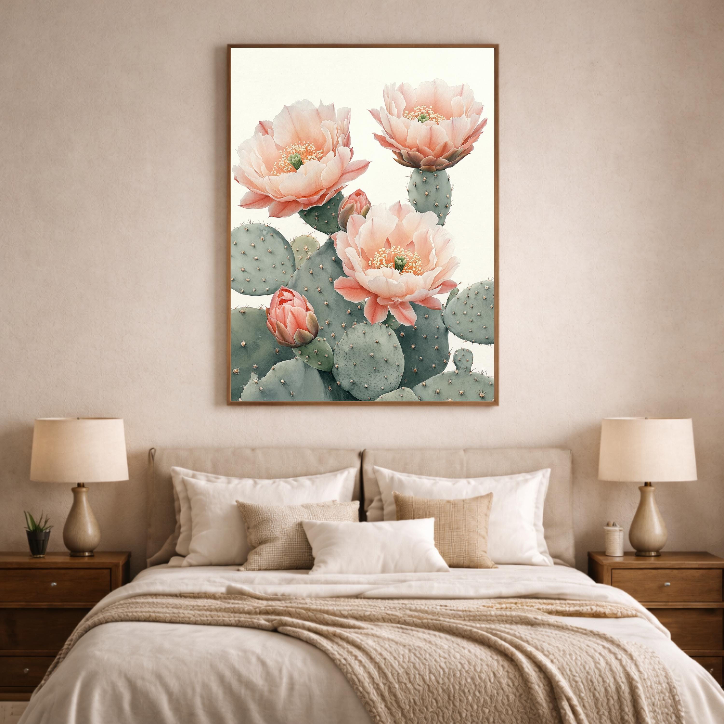 Desert Bloom Cactus Wall Art Print, Soft Neutral Botanical Canvas Decor, Large Framed Canvas Wall Decor Gift, Modern Feminine Home Art Print
