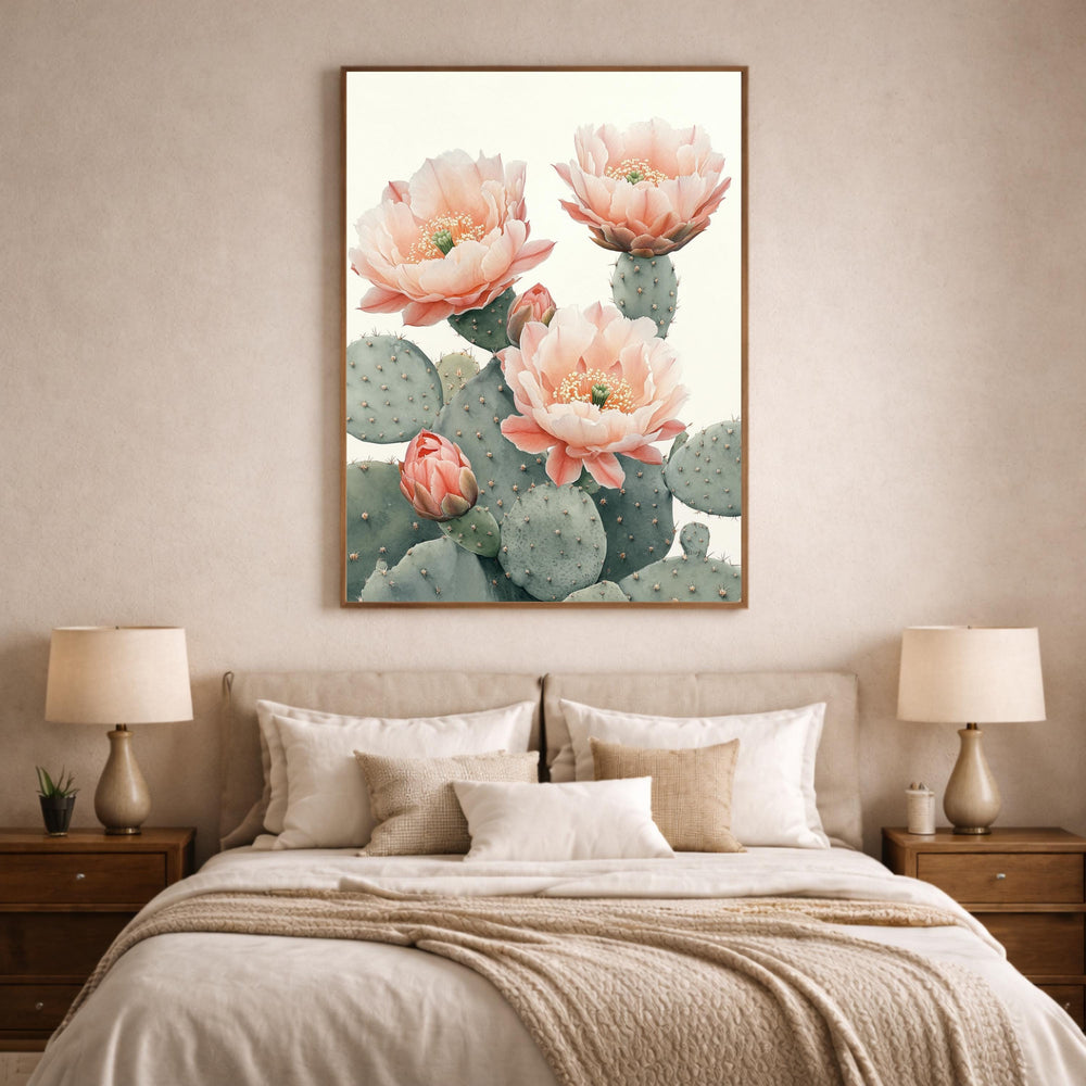Desert Bloom Cactus Wall Art Print, Soft Neutral Botanical Canvas Decor, Large Framed Canvas Wall Decor Gift, Modern Feminine Home Art Print
