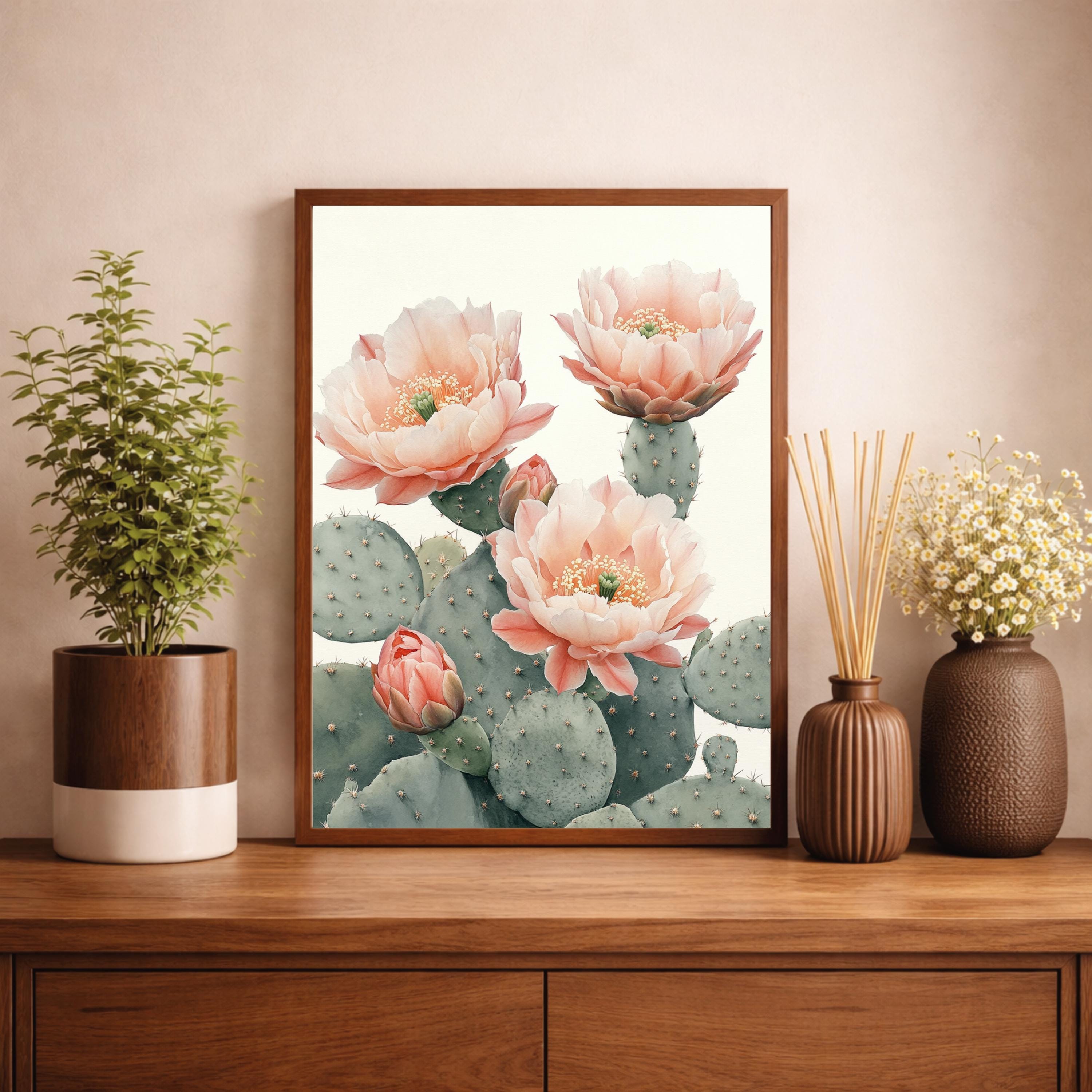 Desert Bloom Cactus Wall Art Print, Soft Neutral Botanical Canvas Decor, Large Framed Canvas Wall Decor Gift, Modern Feminine Home Art Print