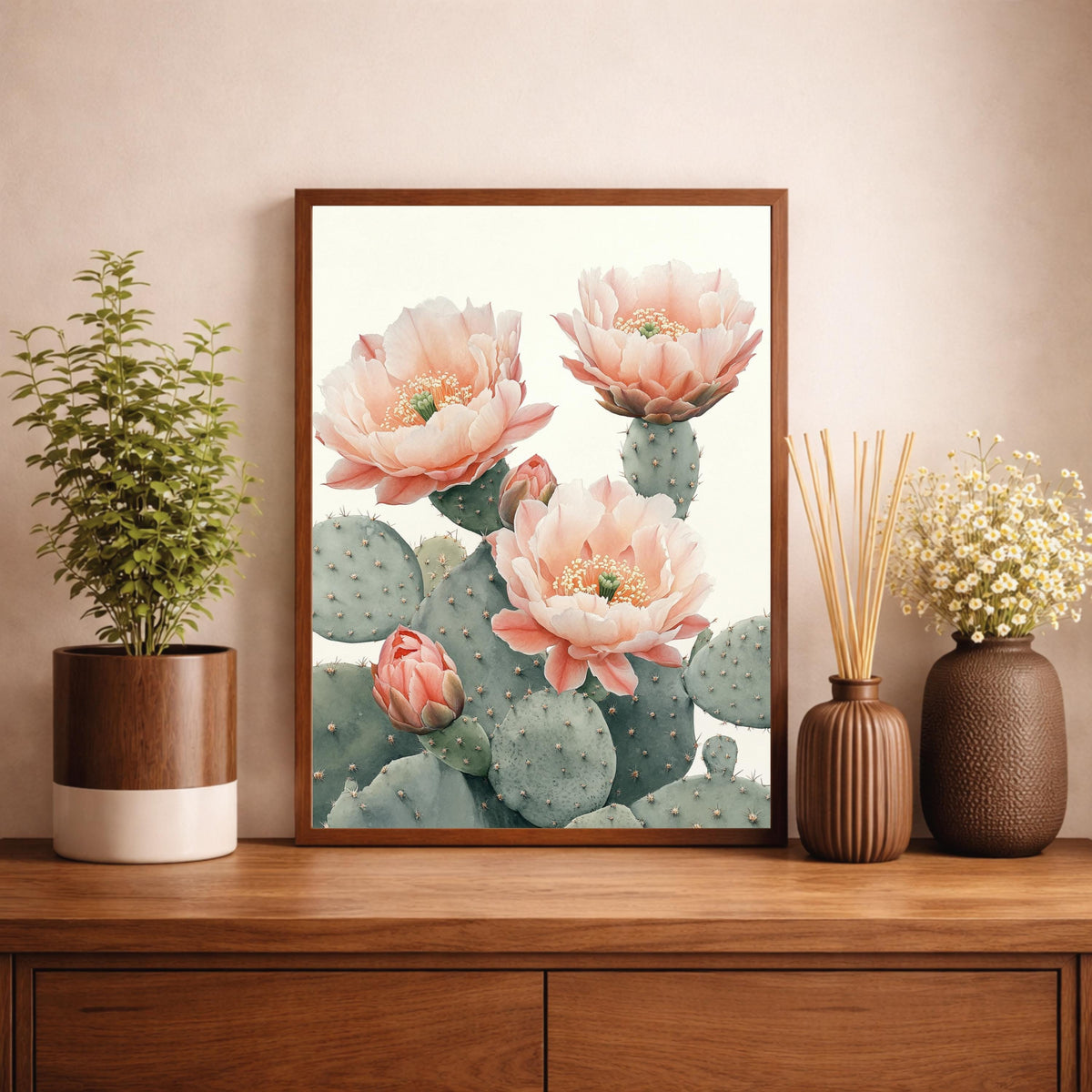 Desert Bloom Cactus Wall Art Print, Soft Neutral Botanical Canvas Decor, Large Framed Canvas Wall Decor Gift, Modern Feminine Home Art Print