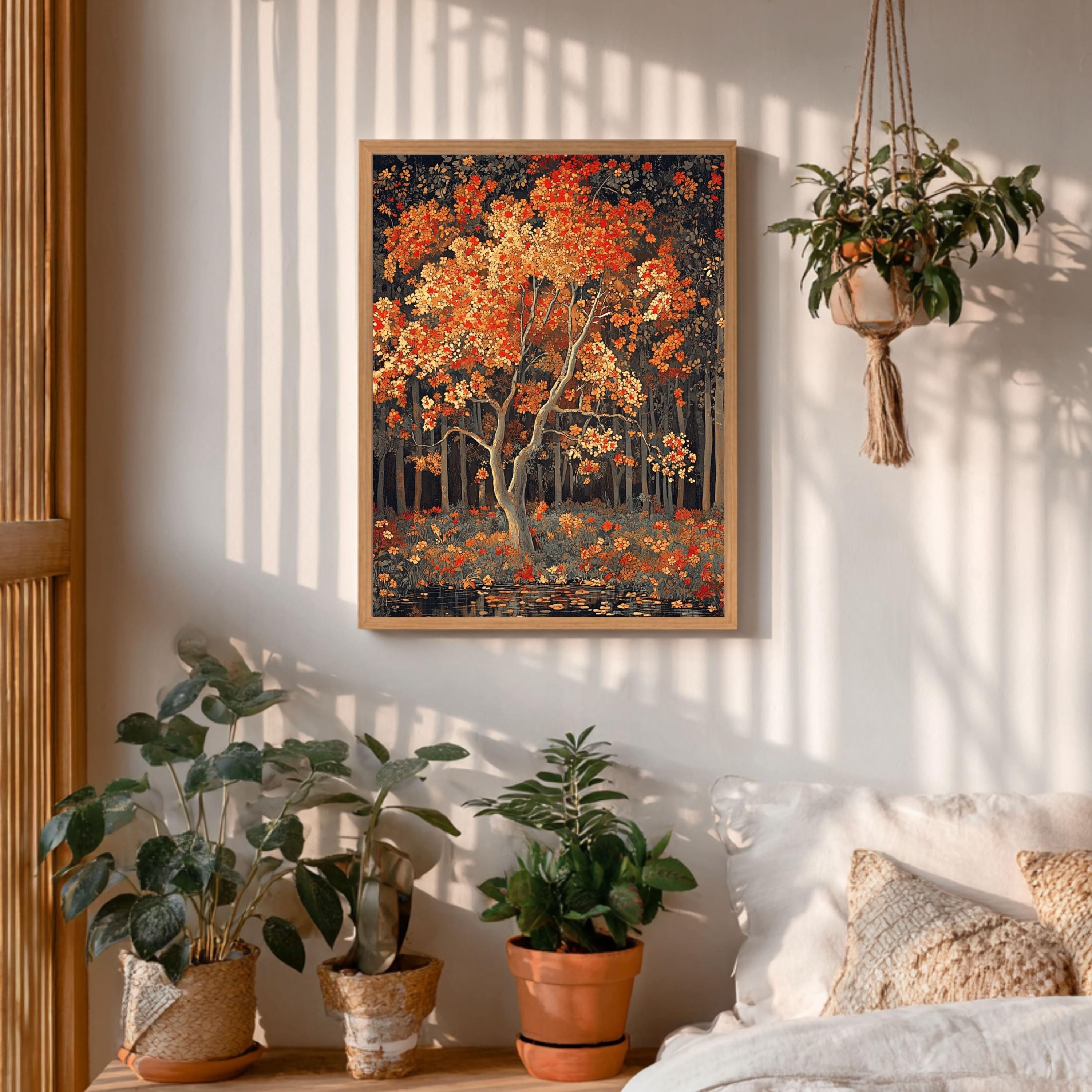 Rustic Autumn Wall Art Print, Vintage Woodland Canvas Decor, Fall Nature Landscape Art, Cozy Cottagecore Farmhouse Decor