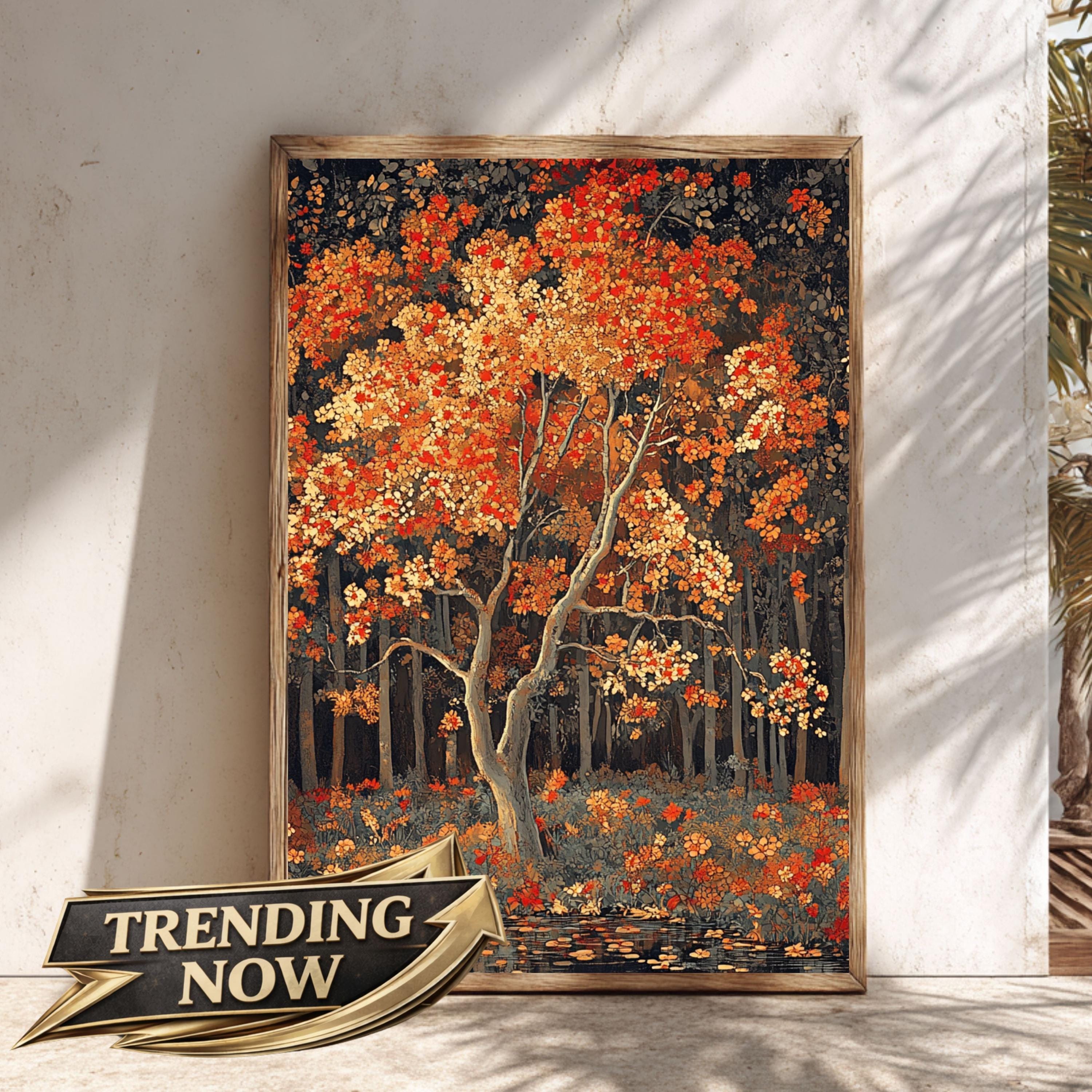 Rustic Autumn Wall Art Print, Vintage Woodland Canvas Decor, Fall Nature Landscape Art, Cozy Cottagecore Farmhouse Decor