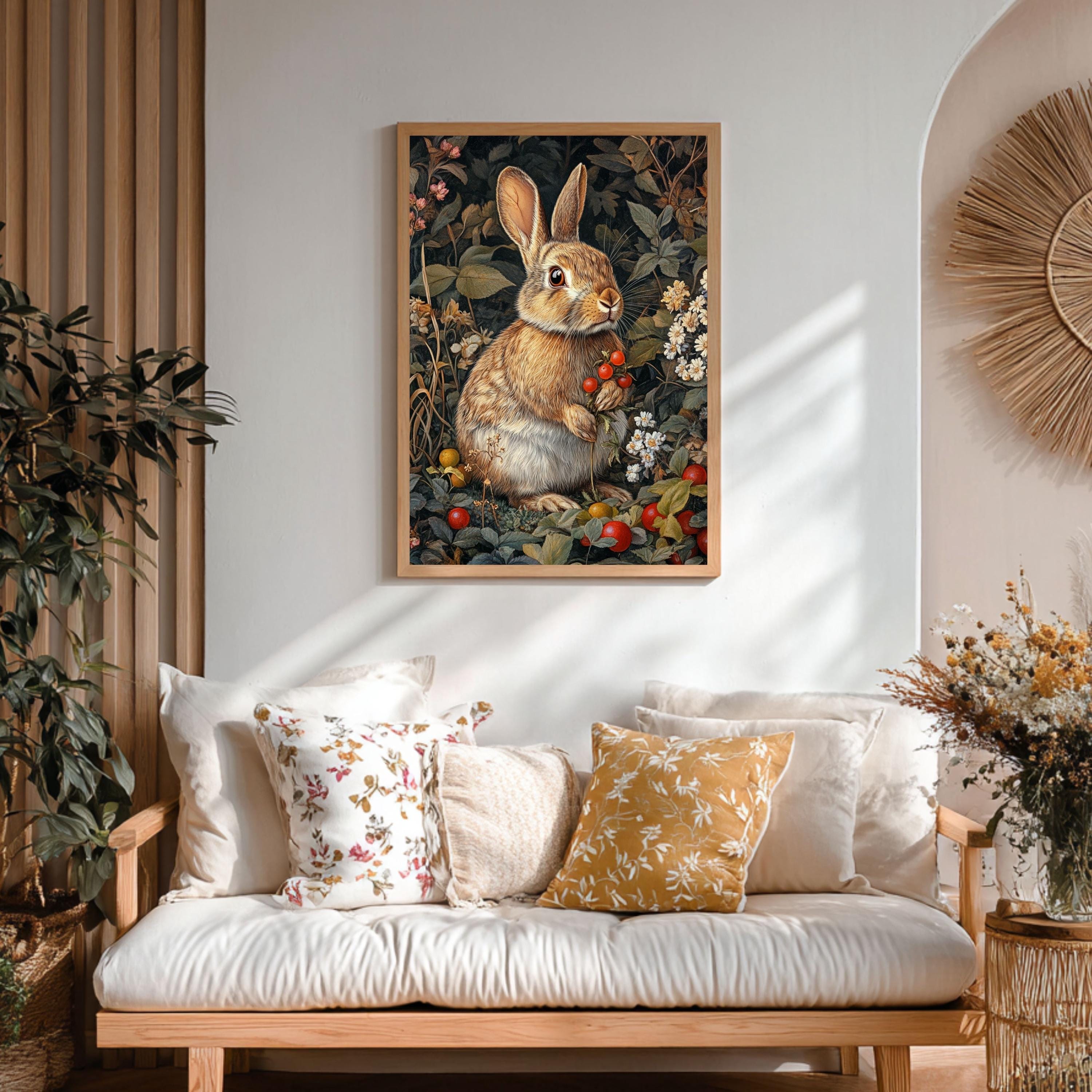 Vintage Bunny Wall Art Print, Woodland Rabbit Floral Canvas Decor, Rustic Cottagecore Animal Farmhouse Wall Decor Nature Gift
