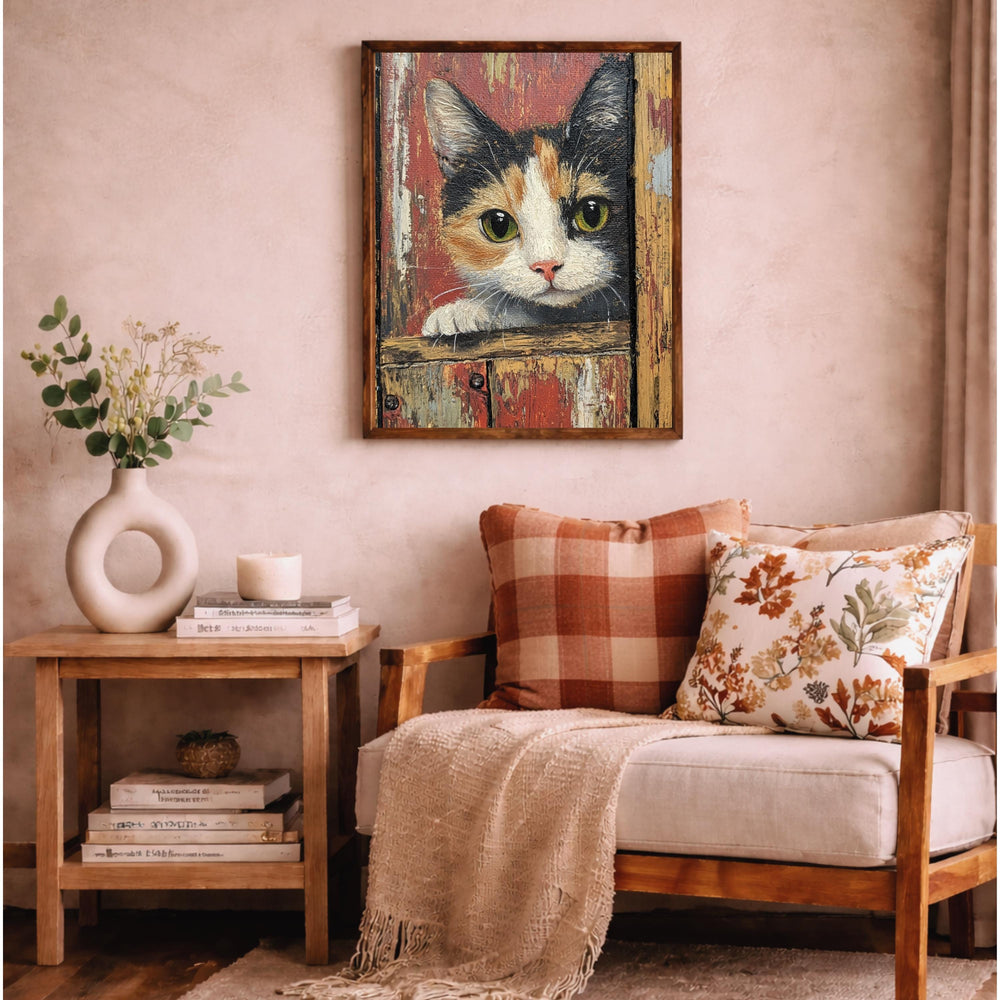 Rustic Kitten Portrait Wall Art Print, Vintage Farmhouse Cat Canvas Decor, Cozy Cottage Living Room Wall Decor, Large Framed Animal Wall Art