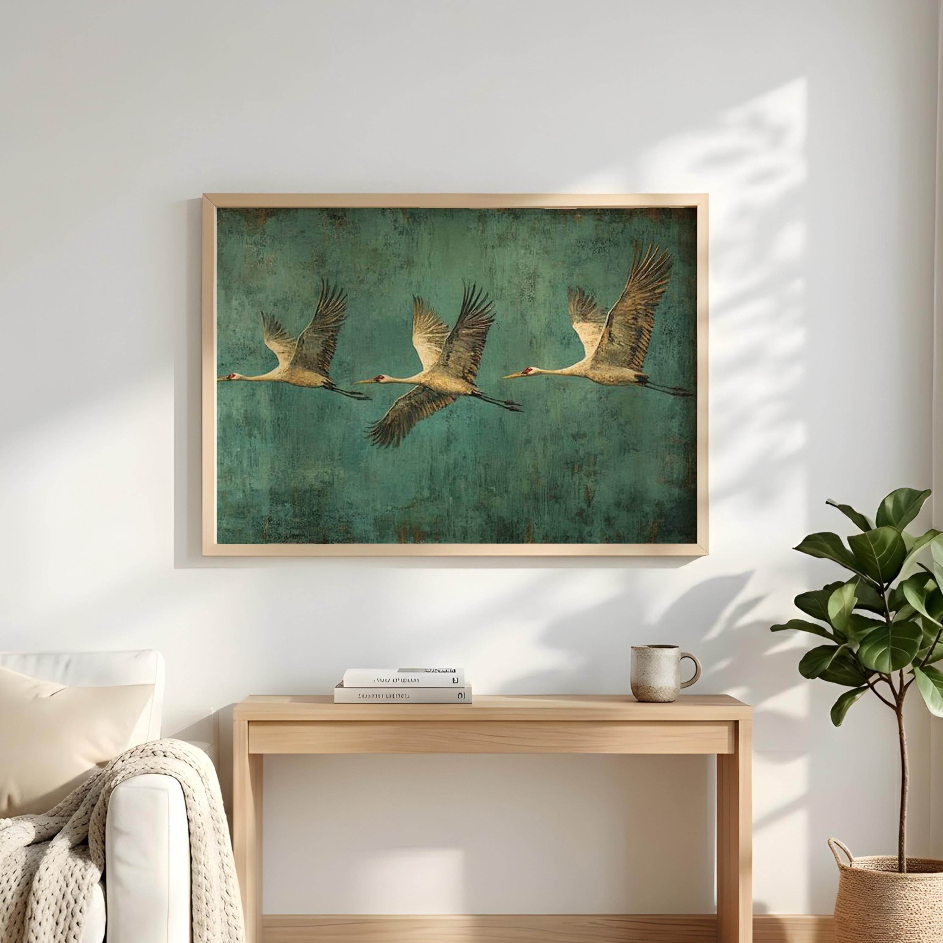 Flying Crane Wall Art, Teal Bird Artwork, Modern Wildlife Home Decor, Bird Canvas Print