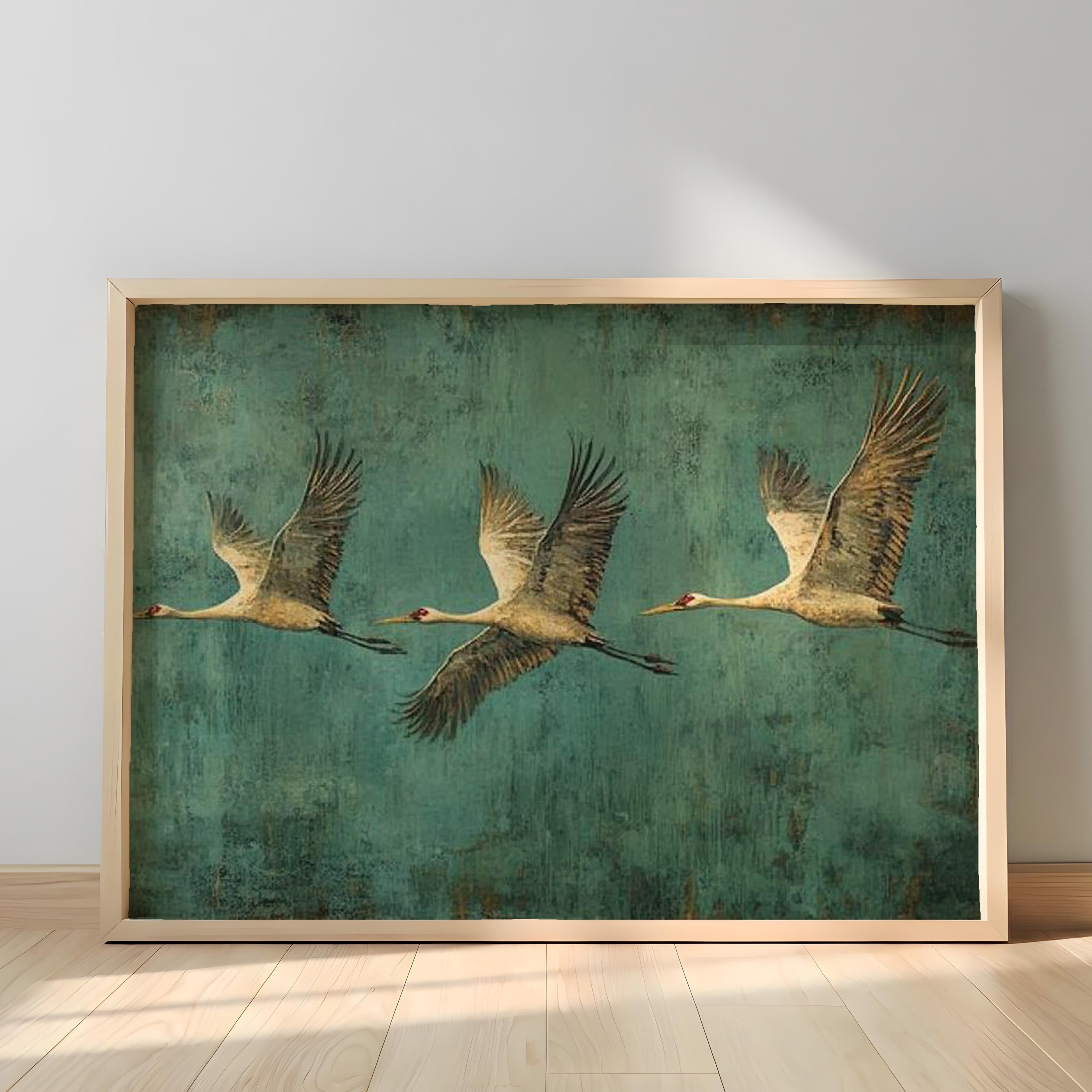 Flying Crane Wall Art, Teal Bird Artwork, Modern Wildlife Home Decor, Bird Canvas Print