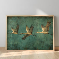 Flying Crane Wall Art, Teal Bird Artwork, Modern Wildlife Home Decor, Bird Canvas Print