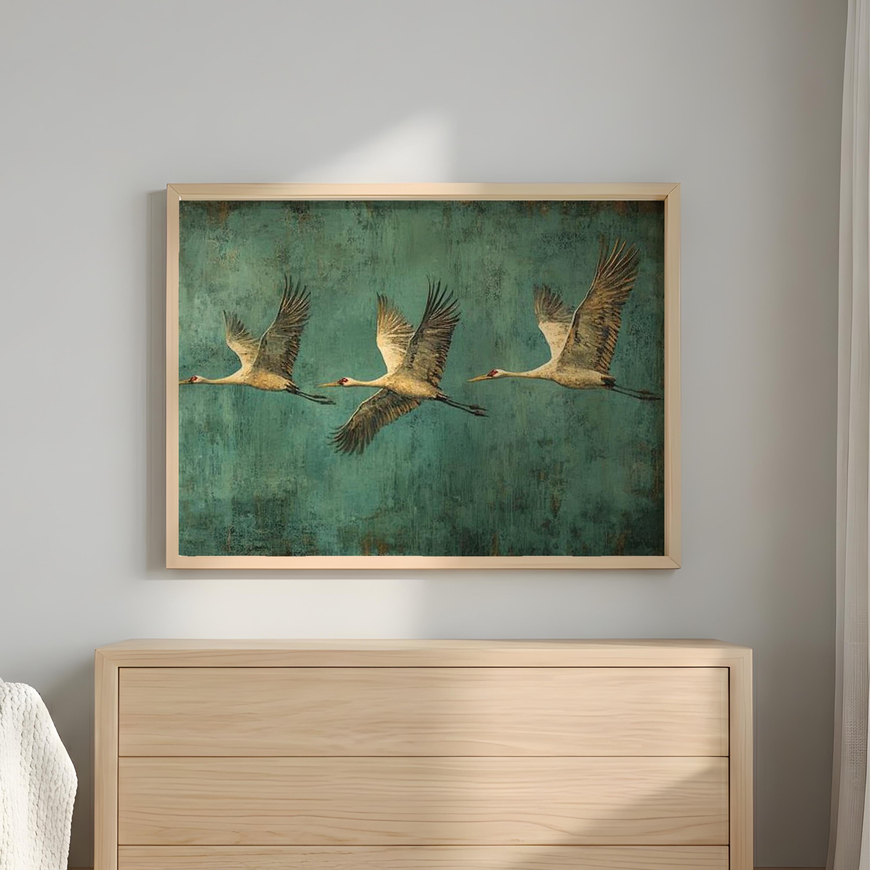 Flying Crane Wall Art, Teal Bird Artwork, Modern Wildlife Home Decor, Bird Canvas Print