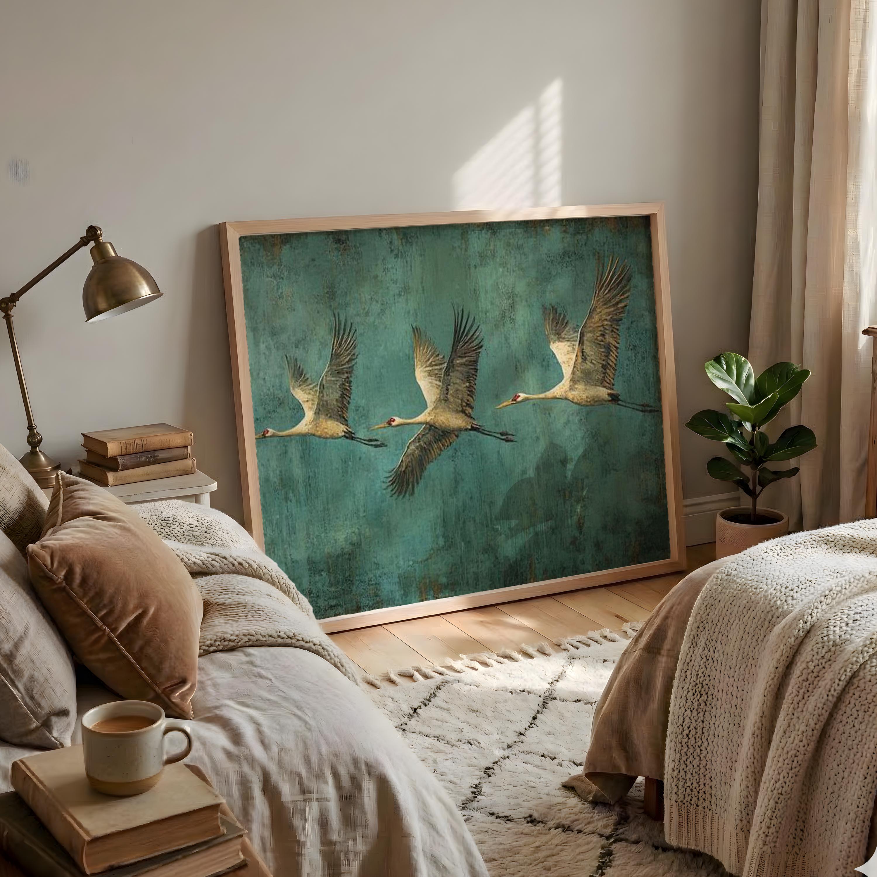 Flying Crane Wall Art, Teal Bird Artwork, Modern Wildlife Home Decor, Bird Canvas Print