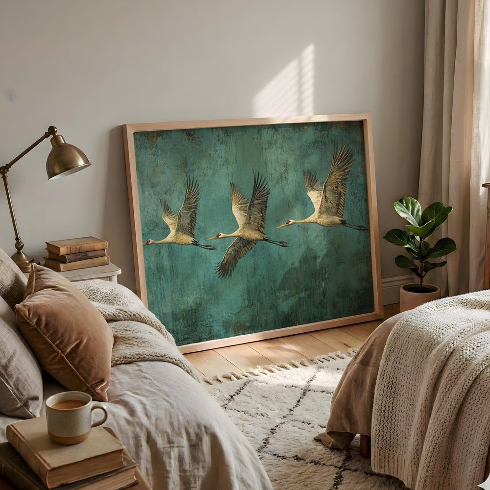 Flying Crane Wall Art, Teal Bird Artwork, Modern Wildlife Home Decor, Bird Canvas Print