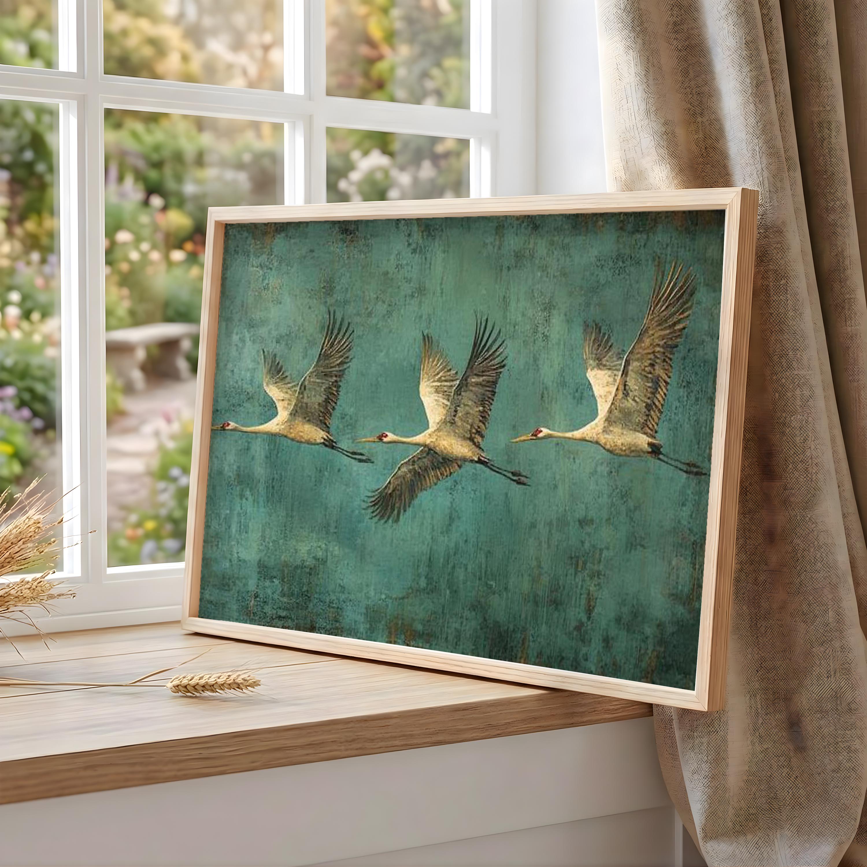 Flying Crane Wall Art, Teal Bird Artwork, Modern Wildlife Home Decor, Bird Canvas Print