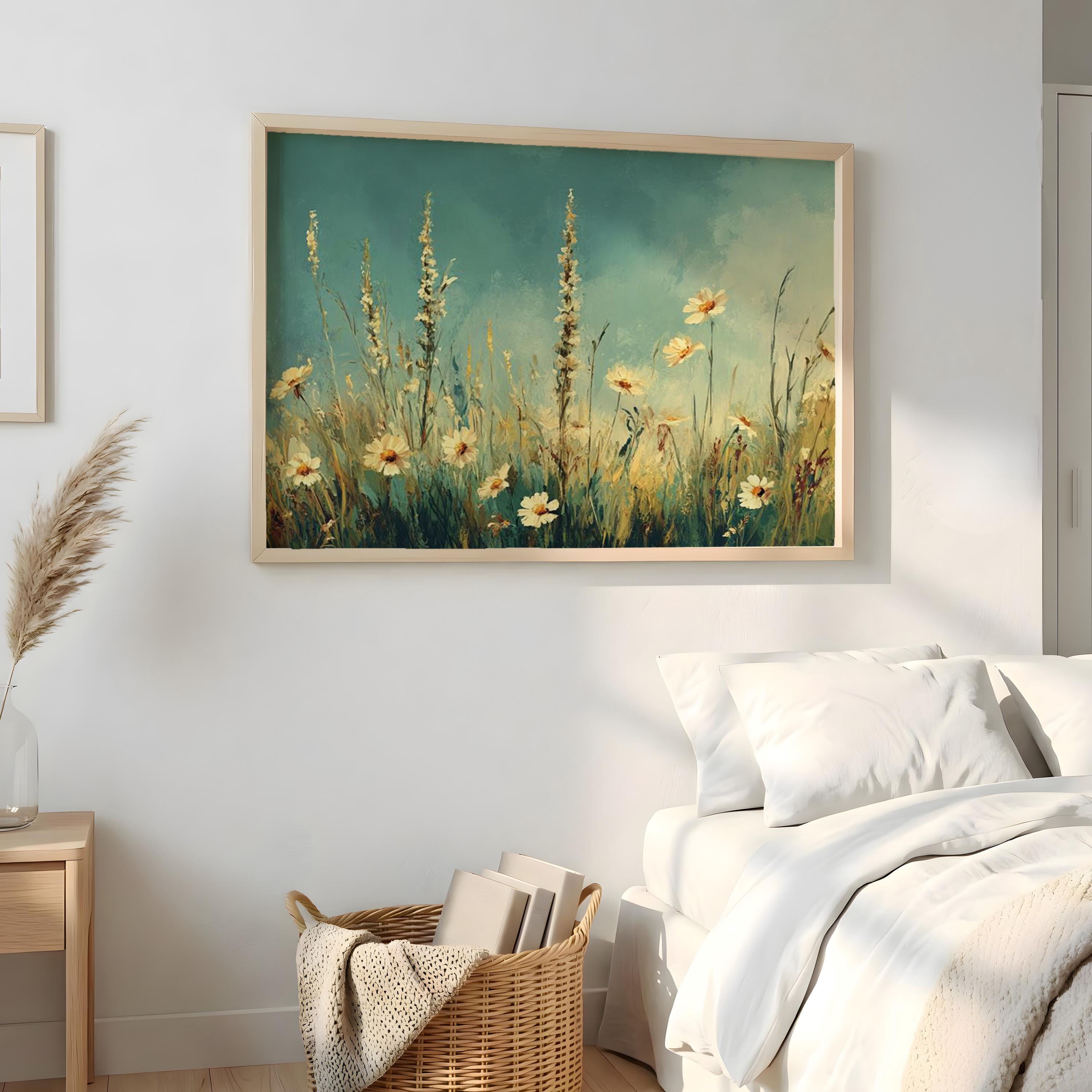 Wildflower Meadow Wall Art, Blue Sky Floral Landscape, Cottagecore Field Print