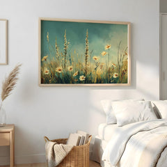 Wildflower Meadow Wall Art, Blue Sky Floral Landscape, Cottagecore Field Print