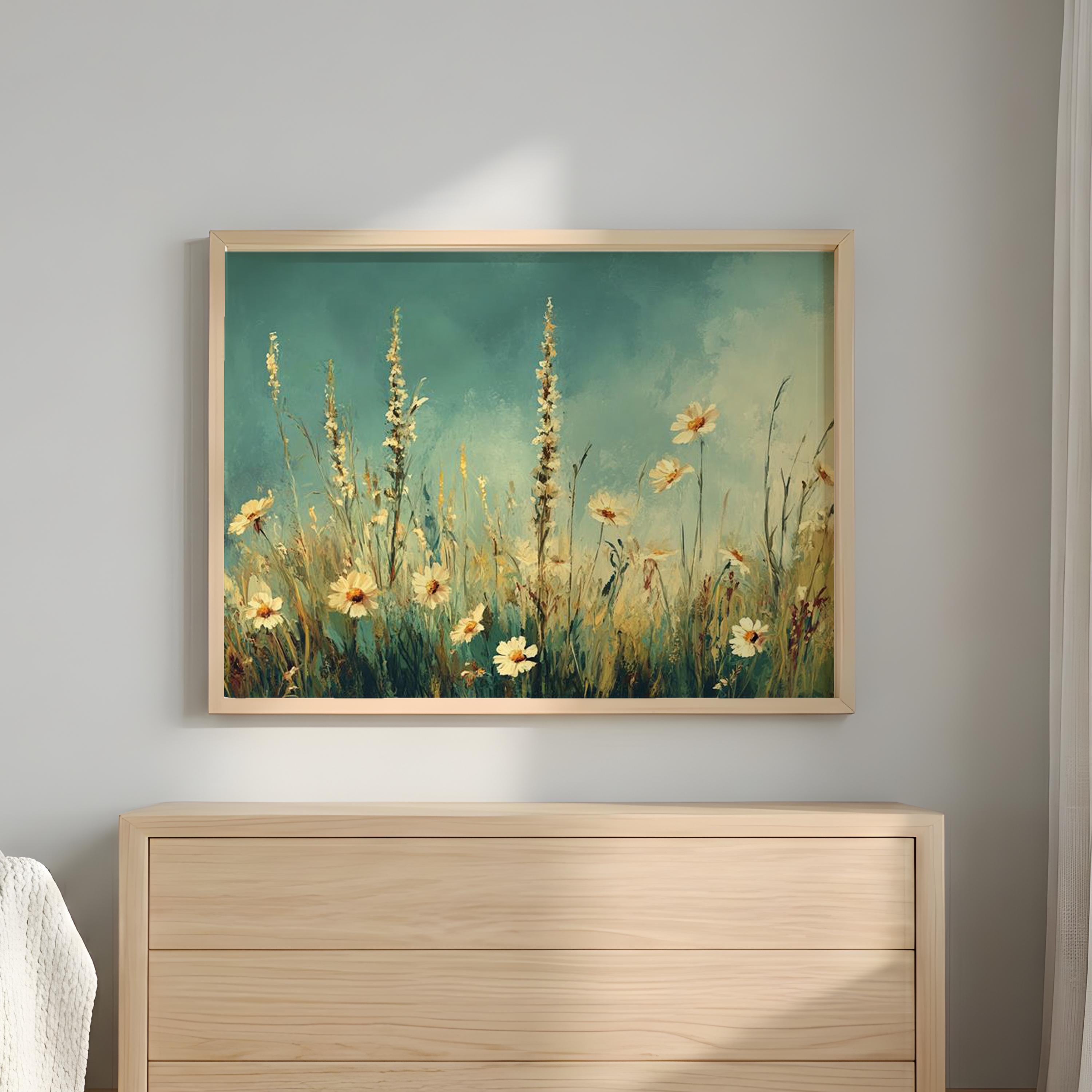 Wildflower Meadow Wall Art, Blue Sky Floral Landscape, Cottagecore Field Print