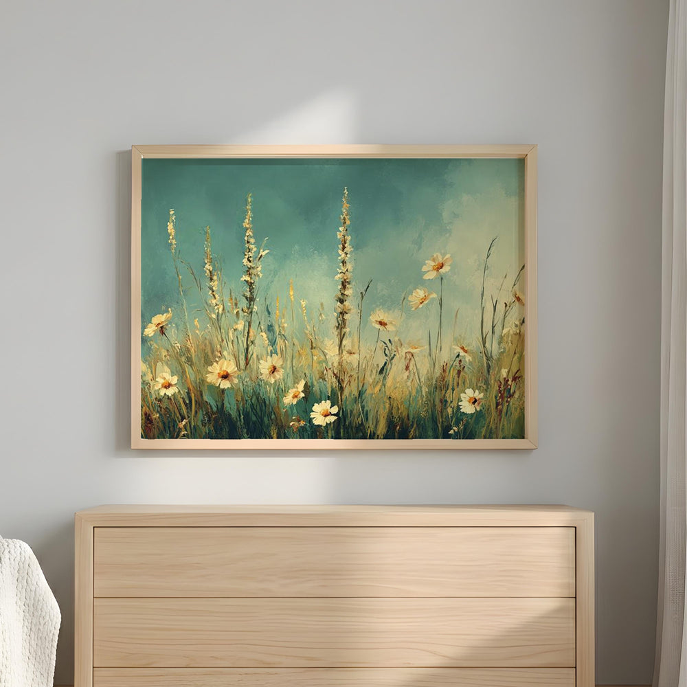 Wildflower Meadow Wall Art, Blue Sky Floral Landscape, Cottagecore Field Print