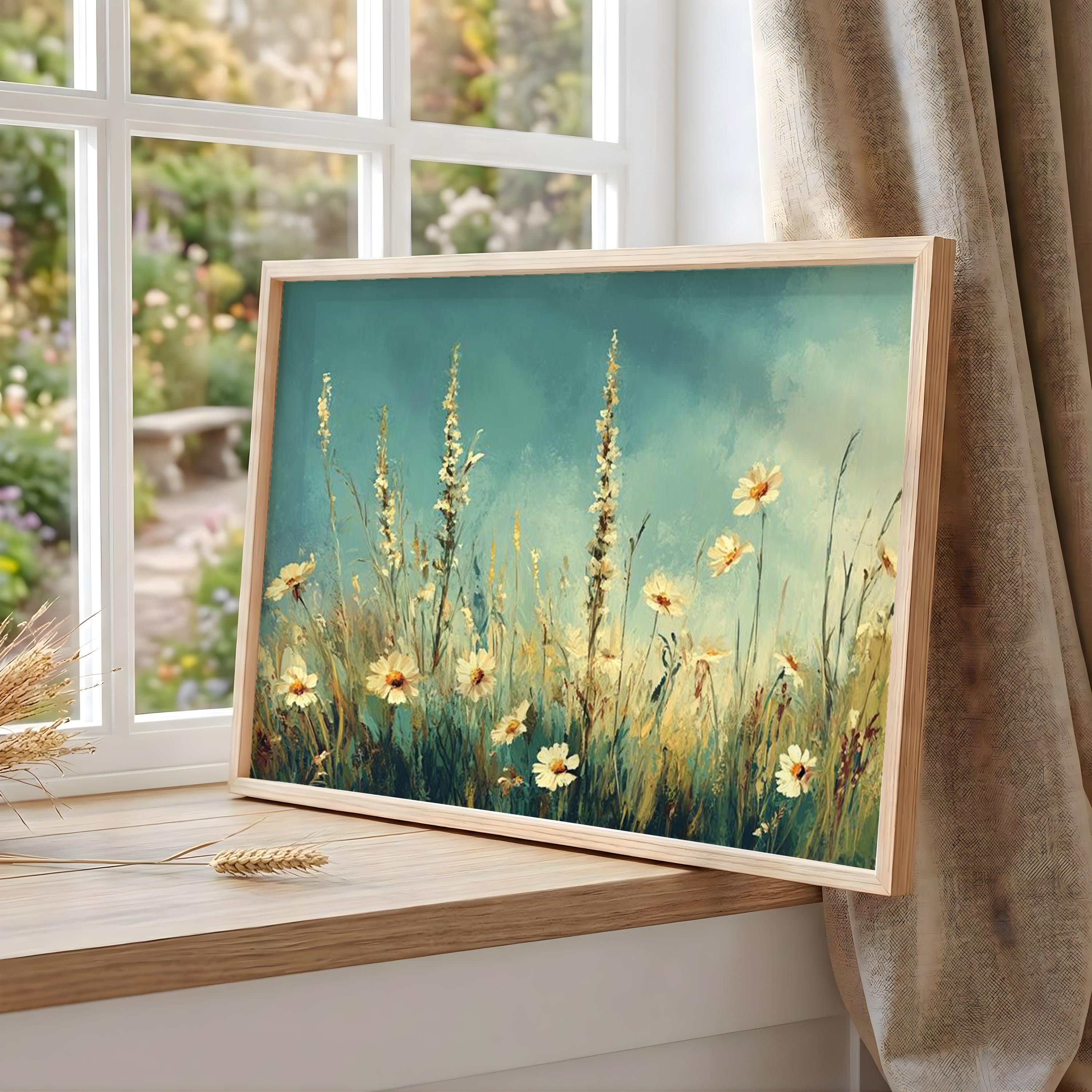 Wildflower Meadow Wall Art, Blue Sky Floral Landscape, Cottagecore Field Print