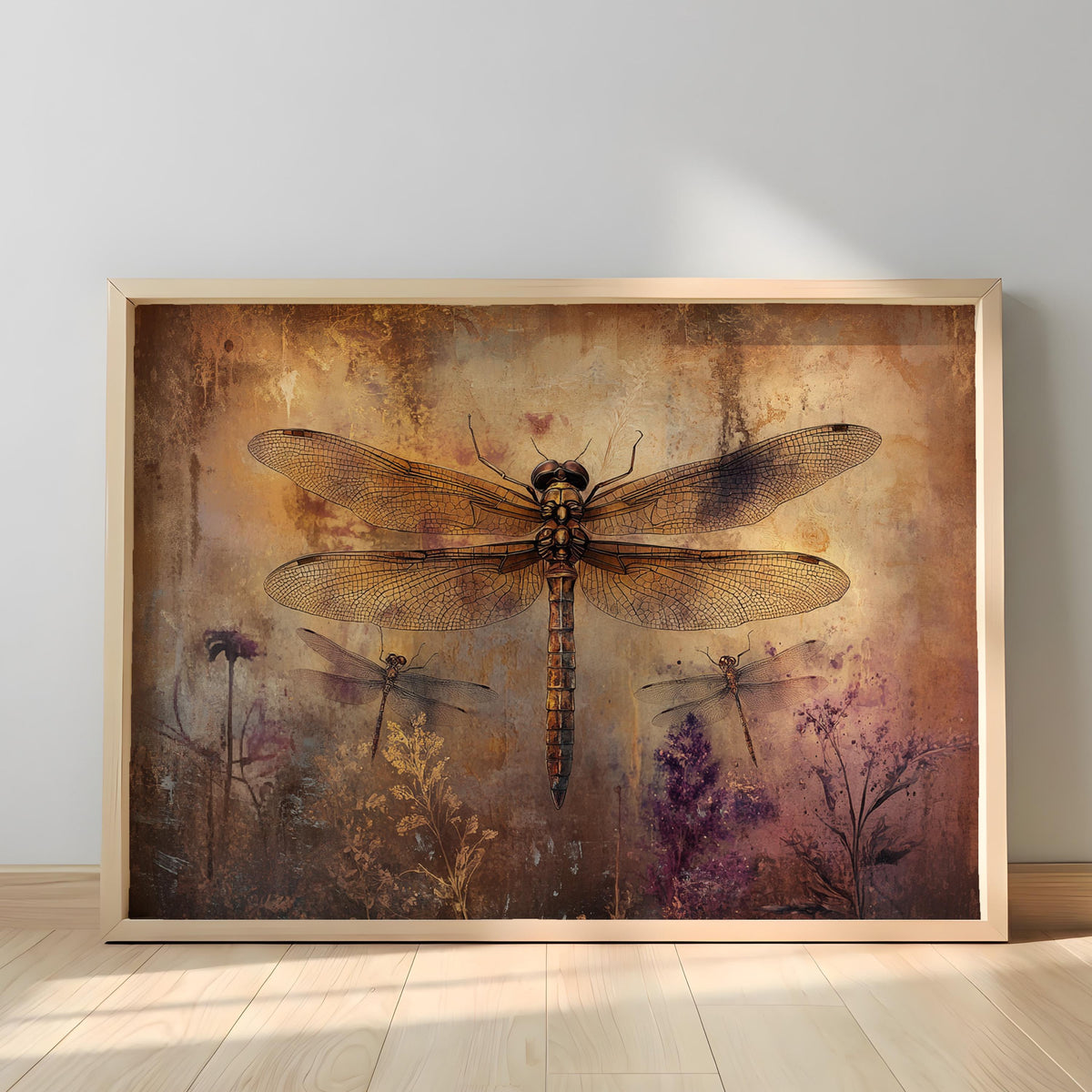 Vintage Dragonfly Wall Art, Botanical Insect Print, Rustic Garden Framed Canvas, Cottage Farmhouse Home Decor, Nature Inspired Accent