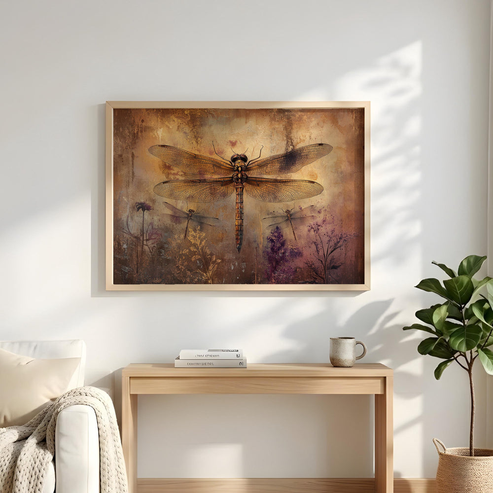 Vintage Dragonfly Wall Art, Botanical Insect Print, Rustic Garden Framed Canvas, Cottage Farmhouse Home Decor, Nature Inspired Accent