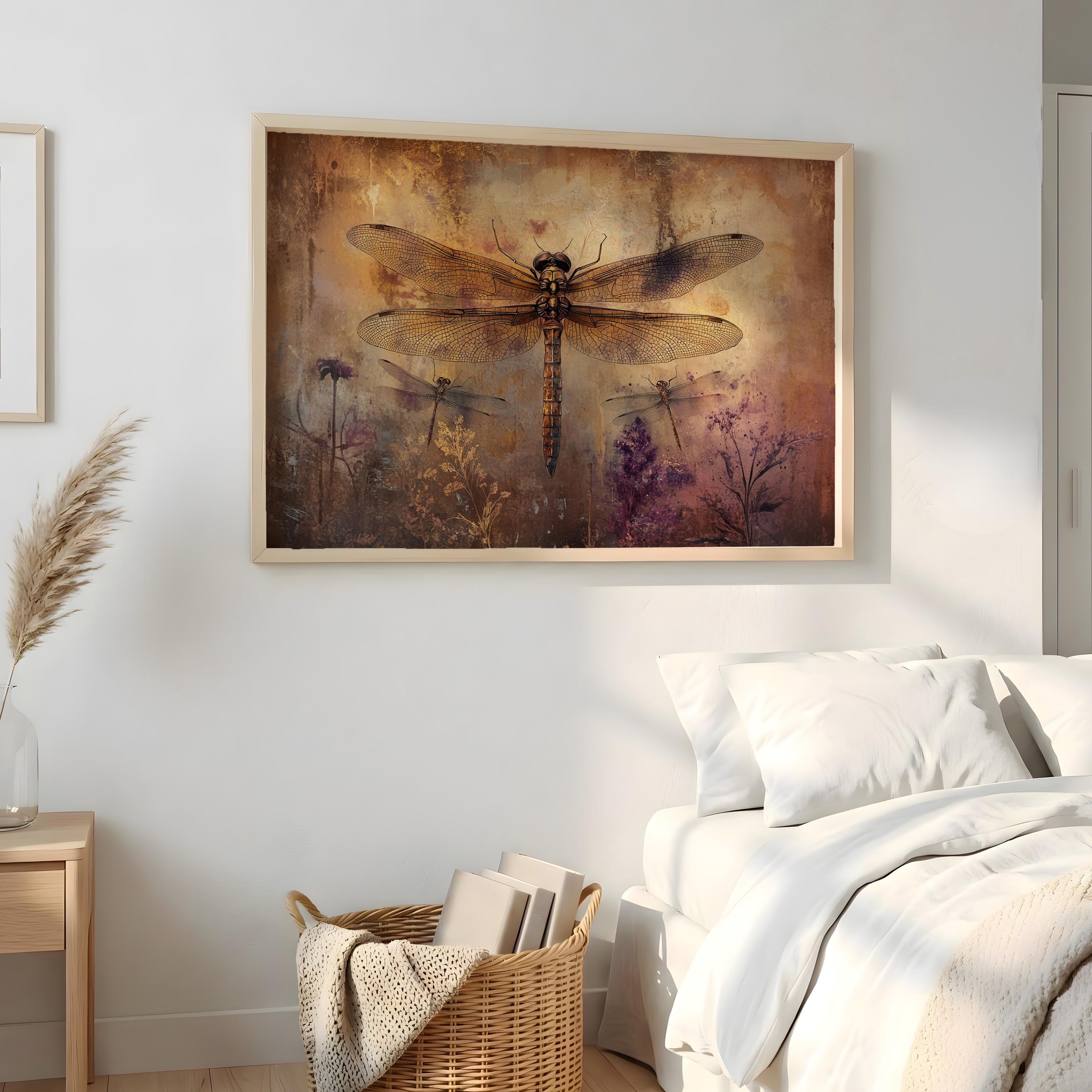 Vintage Dragonfly Wall Art, Botanical Insect Print, Rustic Garden Framed Canvas, Cottage Farmhouse Home Decor, Nature Inspired Accent