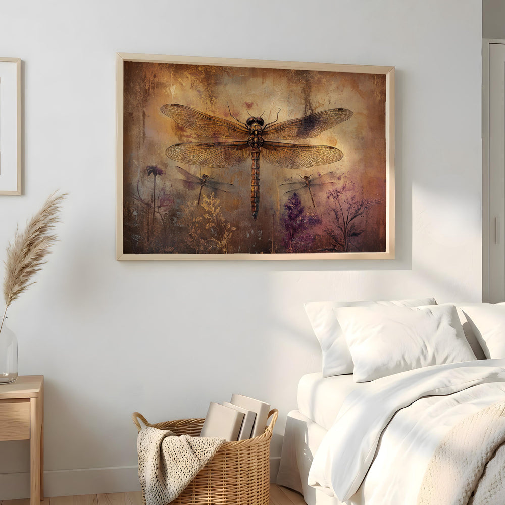 Vintage Dragonfly Wall Art, Botanical Insect Print, Rustic Garden Framed Canvas, Cottage Farmhouse Home Decor, Nature Inspired Accent