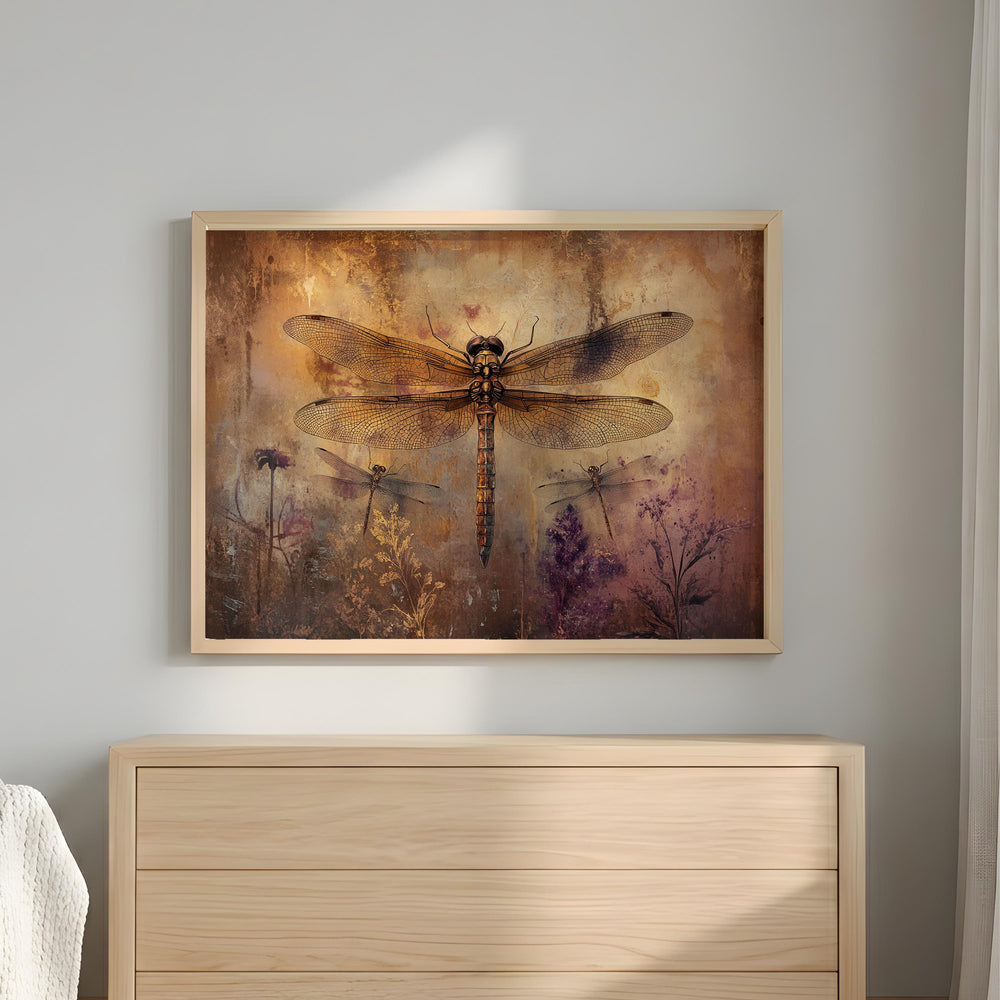 Vintage Dragonfly Wall Art, Botanical Insect Print, Rustic Garden Framed Canvas, Cottage Farmhouse Home Decor, Nature Inspired Accent