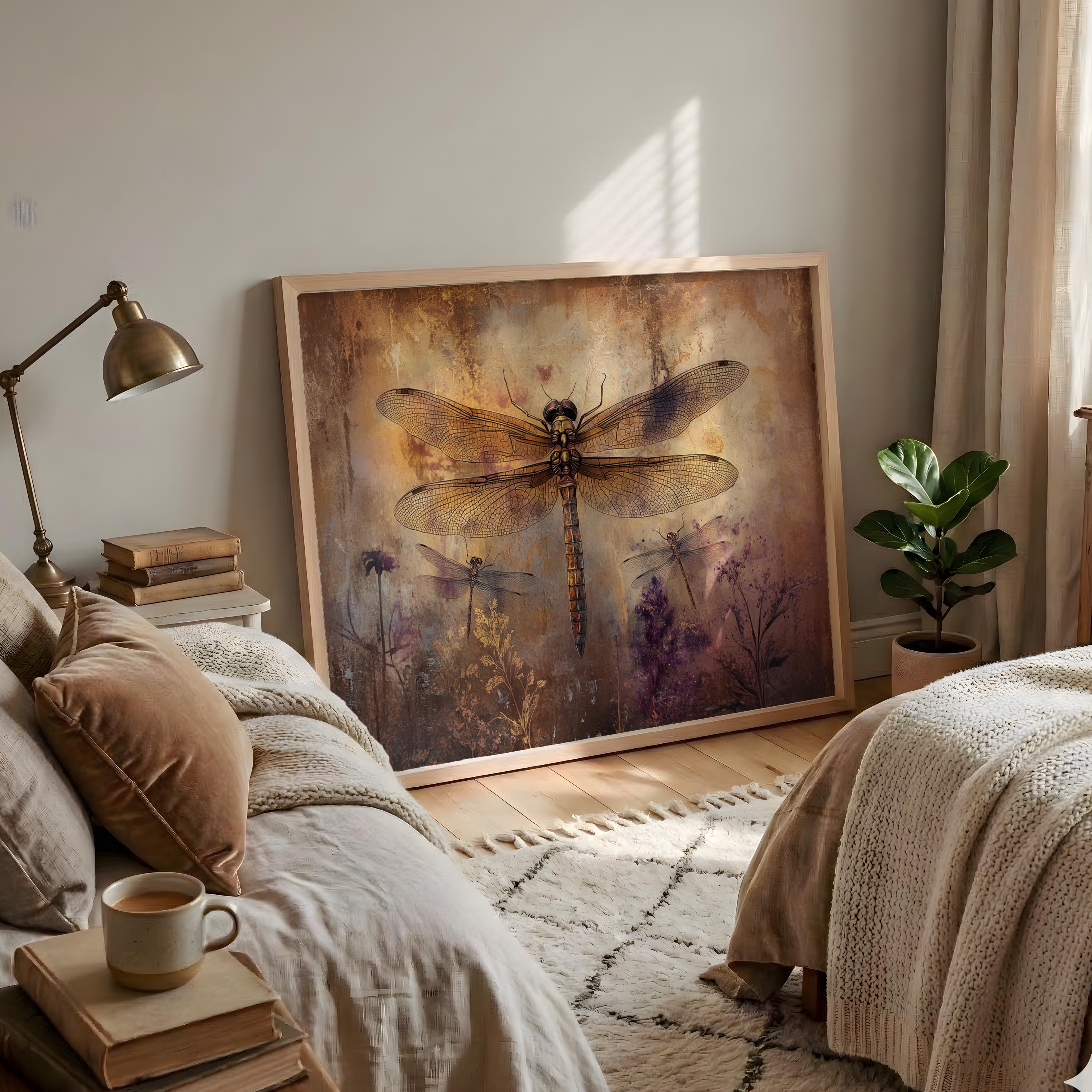 Vintage Dragonfly Wall Art, Botanical Insect Print, Rustic Garden Framed Canvas, Cottage Farmhouse Home Decor, Nature Inspired Accent