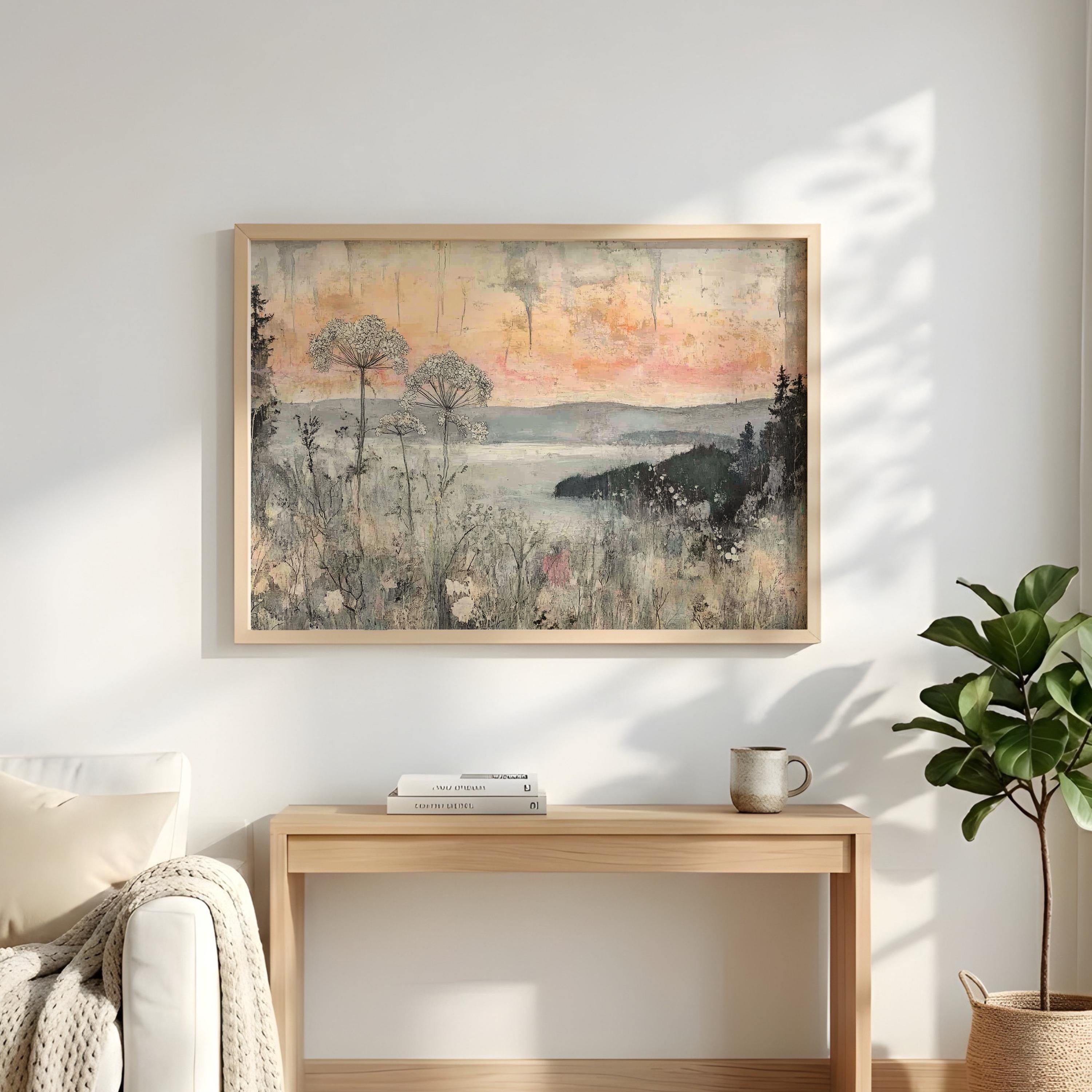 Neutral Wildflower Wall Art, Misty Lake Landscape Print, Rustic Cottage Framed Canvas, Farmhouse Botanical Home Decor, Serene Nature Accent