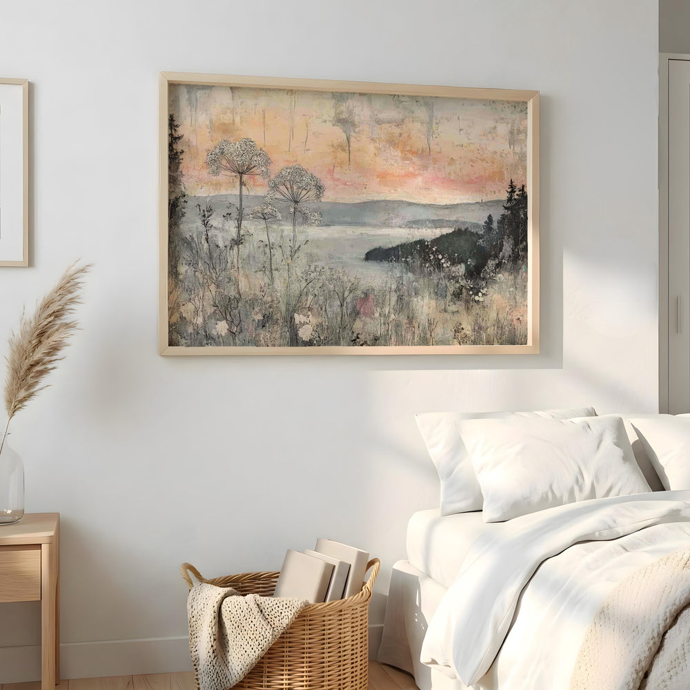 Neutral Wildflower Wall Art, Misty Lake Landscape Print, Rustic Cottage Framed Canvas, Farmhouse Botanical Home Decor, Serene Nature Accent