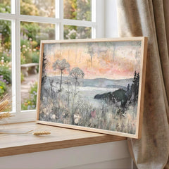 Neutral Wildflower Wall Art, Misty Lake Landscape Print, Rustic Cottage Framed Canvas, Farmhouse Botanical Home Decor, Serene Nature Accent
