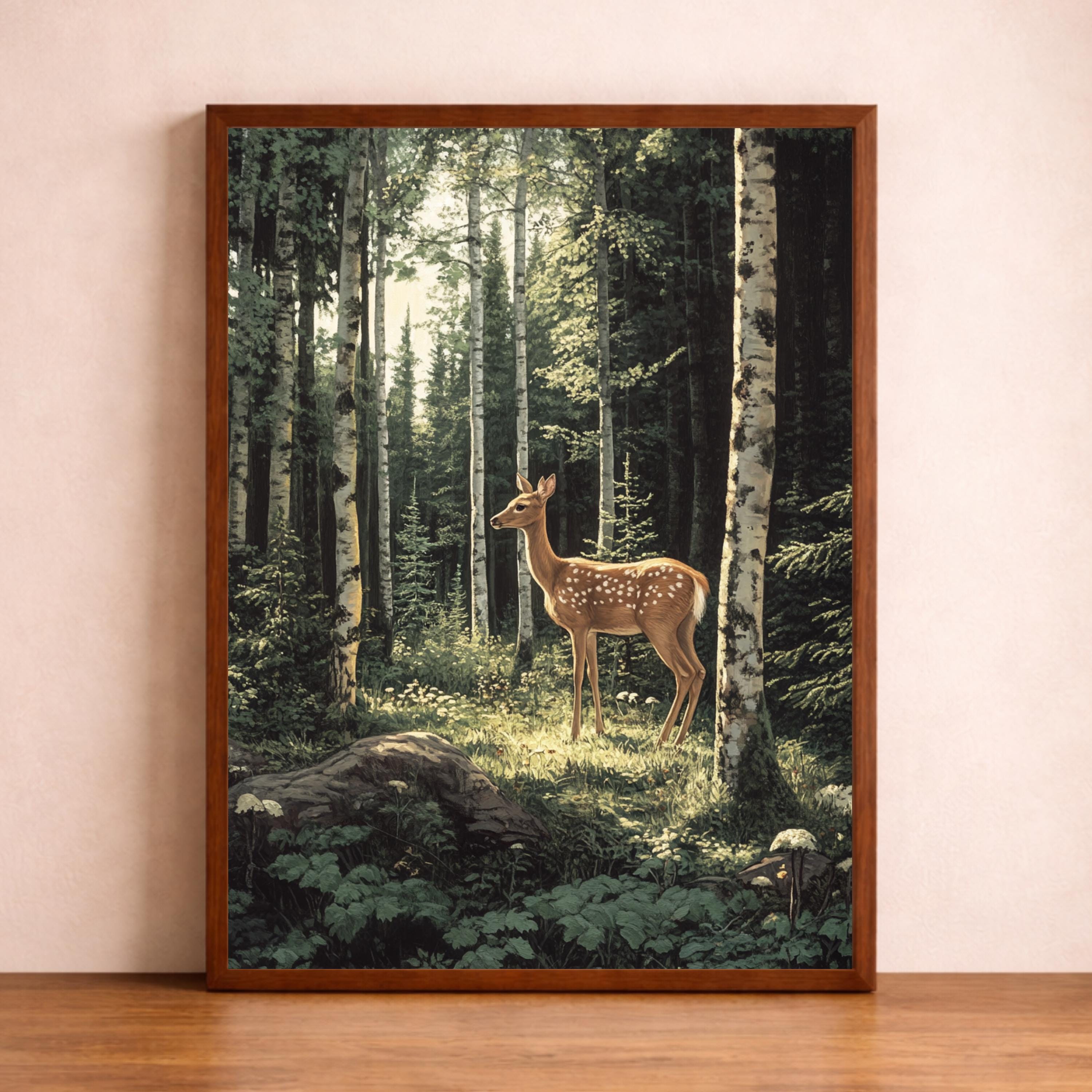 Birch Forest Fawn Wall Art Print, Large Framed Woodland Deer Canvas Decor, Nature Living Room Wall Decor, Rustic Cabin Animal Wall Art Decor