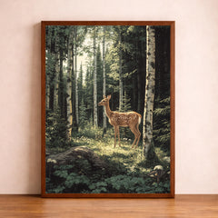 Birch Forest Fawn Wall Art Print, Large Framed Woodland Deer Canvas Decor, Nature Living Room Wall Decor, Rustic Cabin Animal Wall Art Decor
